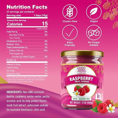 Miniatura 2 de ChocZero - Conservas de mermelada de frambuesa sin azúcar - Keto Jelly - Frutas para untar sin azúcar añadido (1 frasco, 12 onzas)