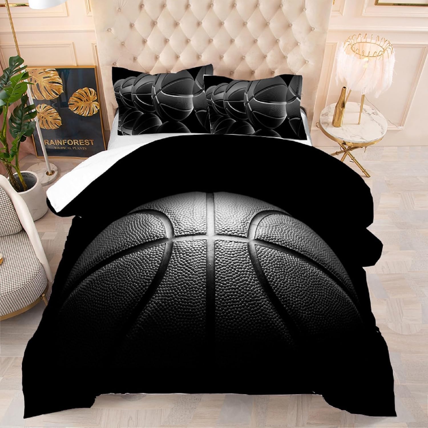 Funda Nordica Cama 90 Baloncesto Negro, Suave Transpirable Microfibra Ropa de Cama Baloncesto Negro Funda Edredon 150x220 cm, 2 x Funda de Almohada 50x75 cm, 3D Funda de Edredón w8606