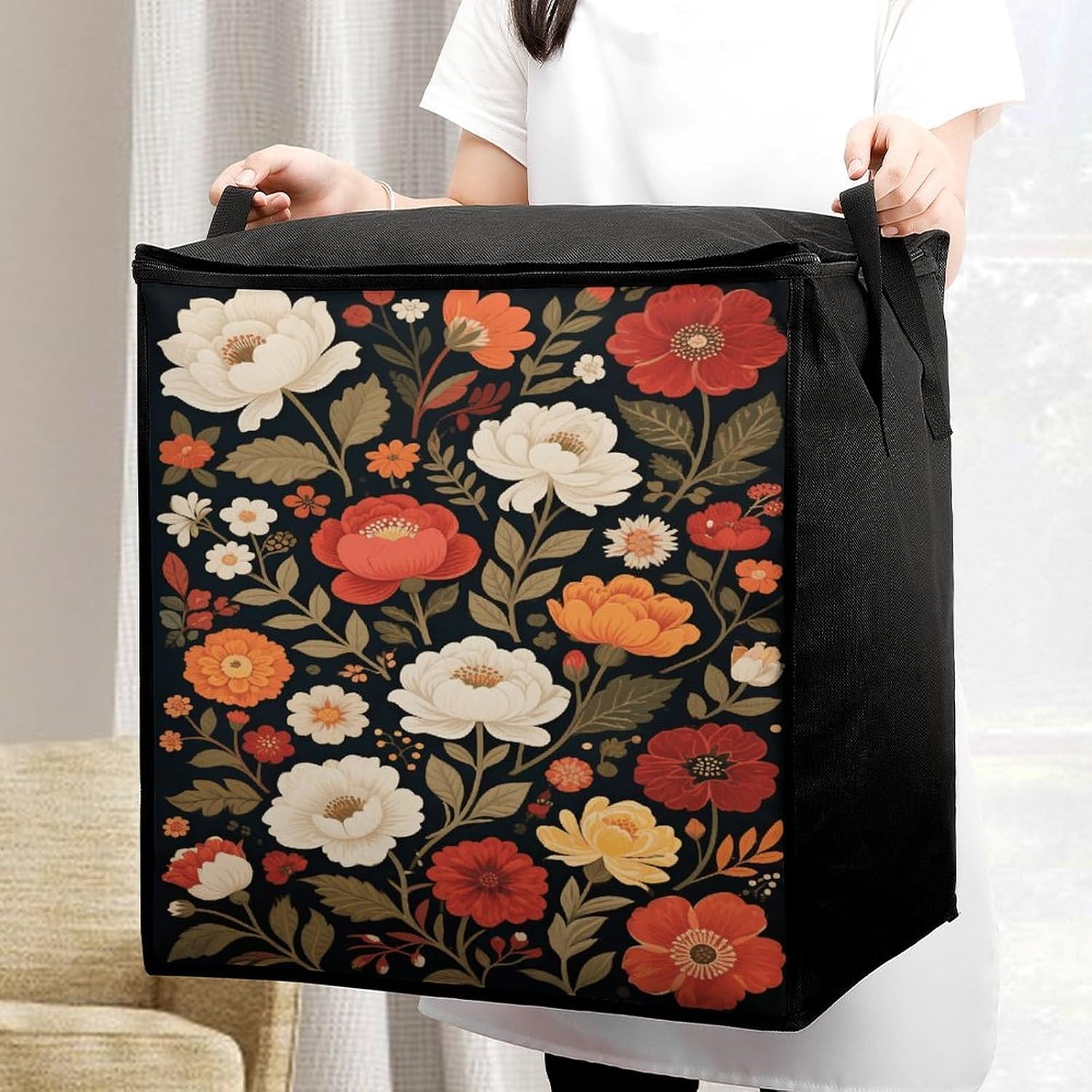 Vintage Florals Storage Bag with Zippers And Handle Extra Large Bedding Comforter Storage Bag Foldable Blanket Storage Bags Fabric Moving Bags for Closet Organizer (70L)