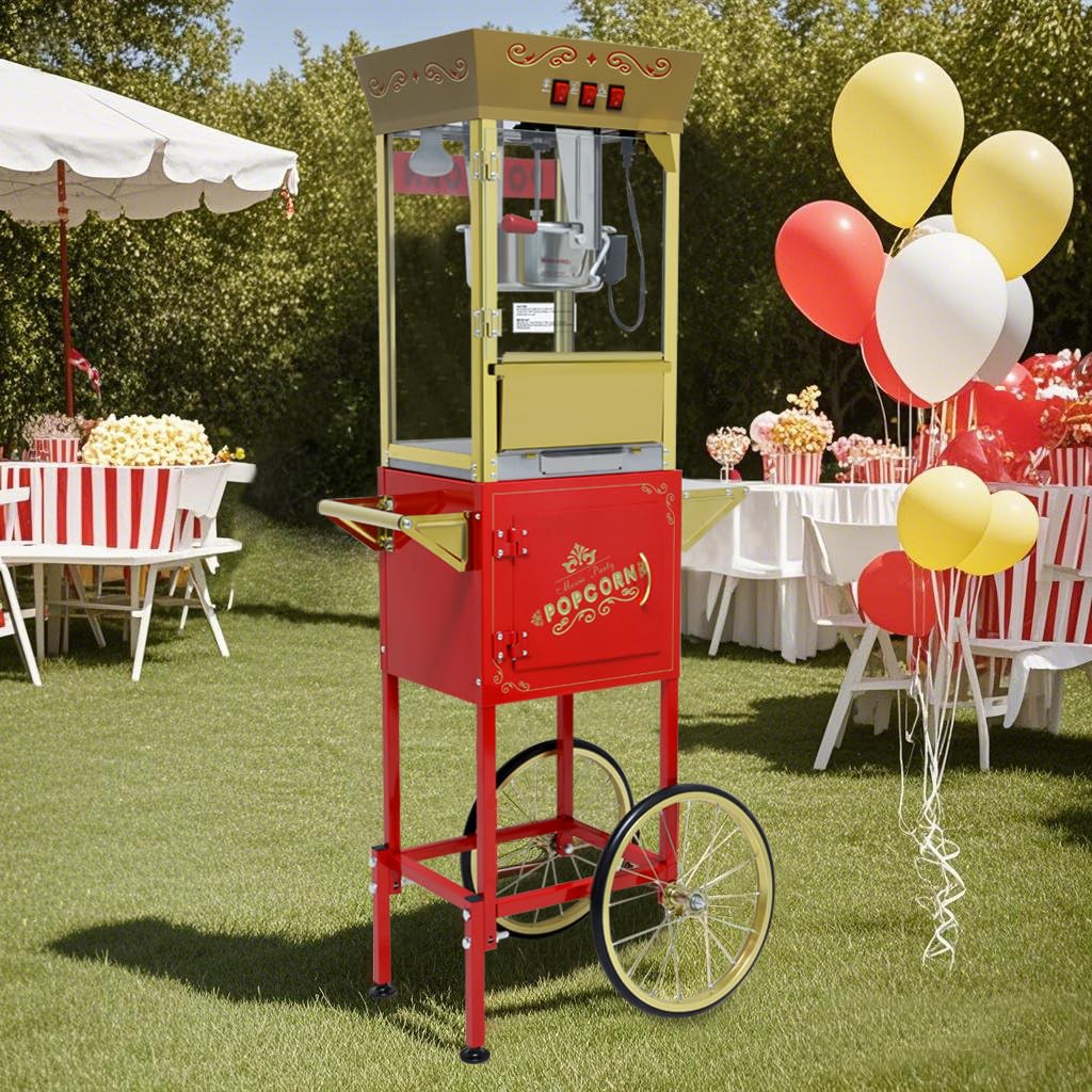Carrello per popcorn da 340 g con bollitore in acciaio inossidabile, lampada termica e accessori per riunioni di famiglia, feste, vacanze e distributori di popcorn al cinema, rosso