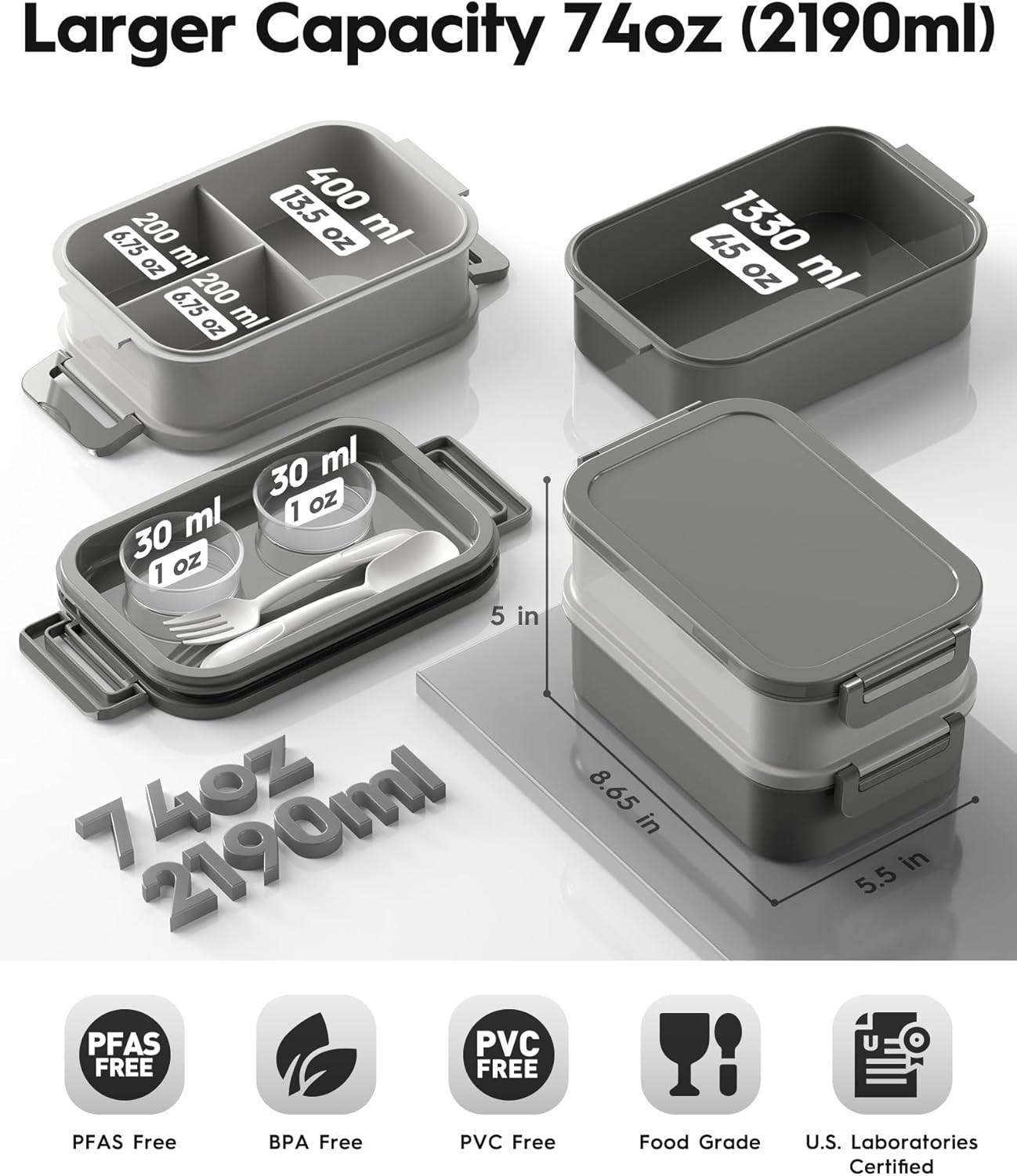 Adults Bento Box with Insulated Lunch Bag, 74oz Capacity 3 Stackable Leak-Proof Bento Box Built-In Utensil and Sauce, PFAS & BPA-Free, Microwave & Dishwasher Safe (Dusk Gray) - Image 3