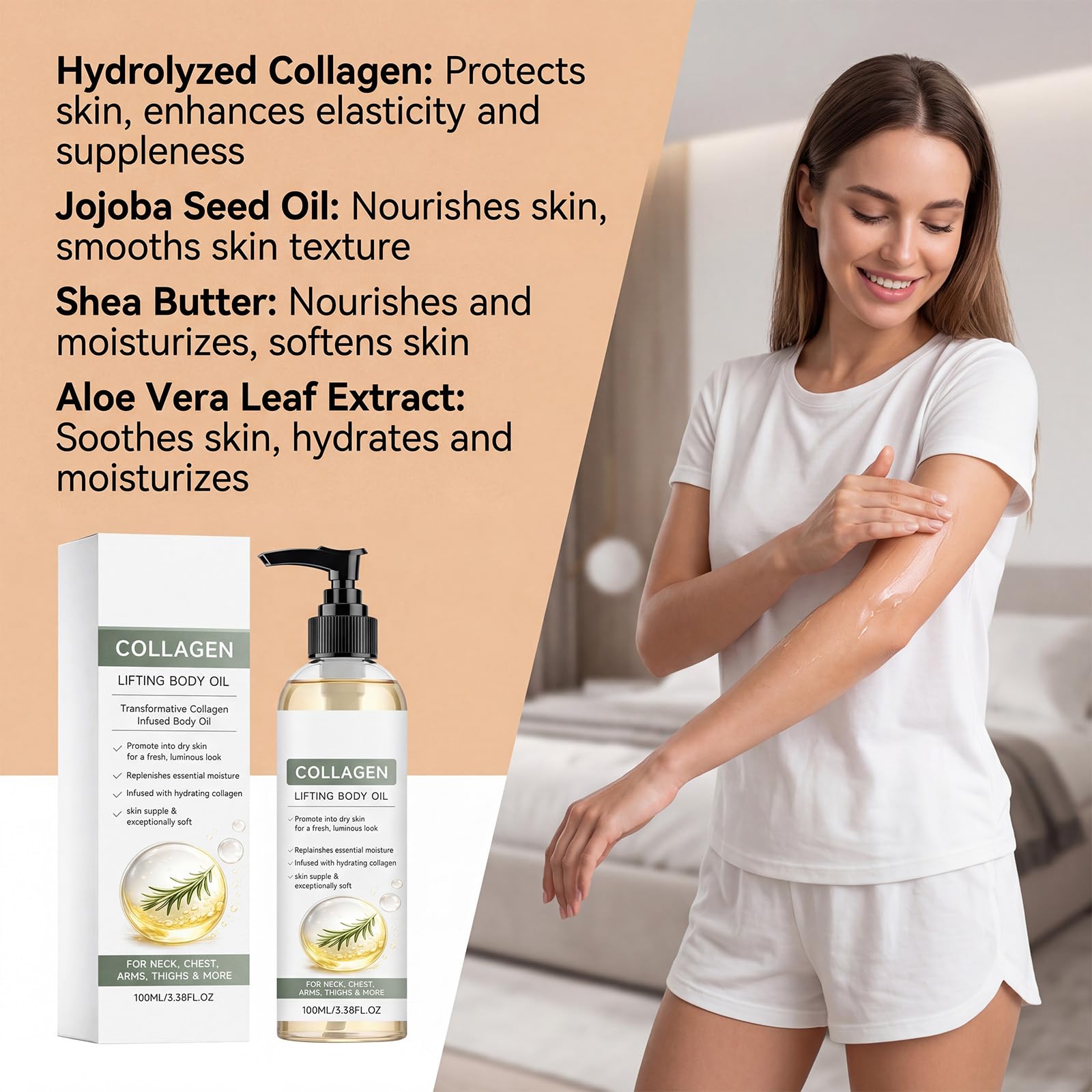 Olio per il corpo per lifting del collagene dopo la doccia, con formula idratante, ad assorbimento rapido, rassodante olio per la cura del collo, braccia e cosce, consistenza setosa per freschezza (6