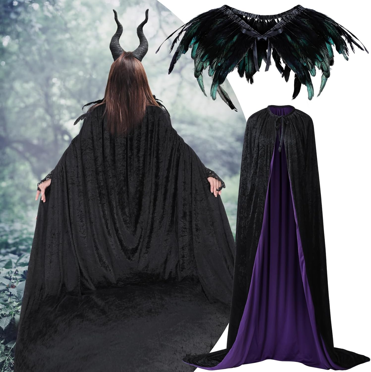 Mepase Gothic Black Feather Costume - Velvet Cape with Choker Collar and Gloves for Women & Men