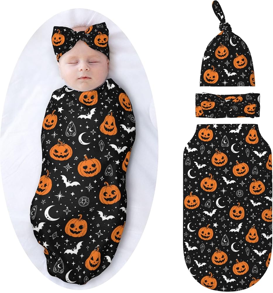 Halloween Swaddle Blankets Newborn Receiving Blanket Baby Swaddle Wrap with Headband Hat Set for Baby Girls Boys