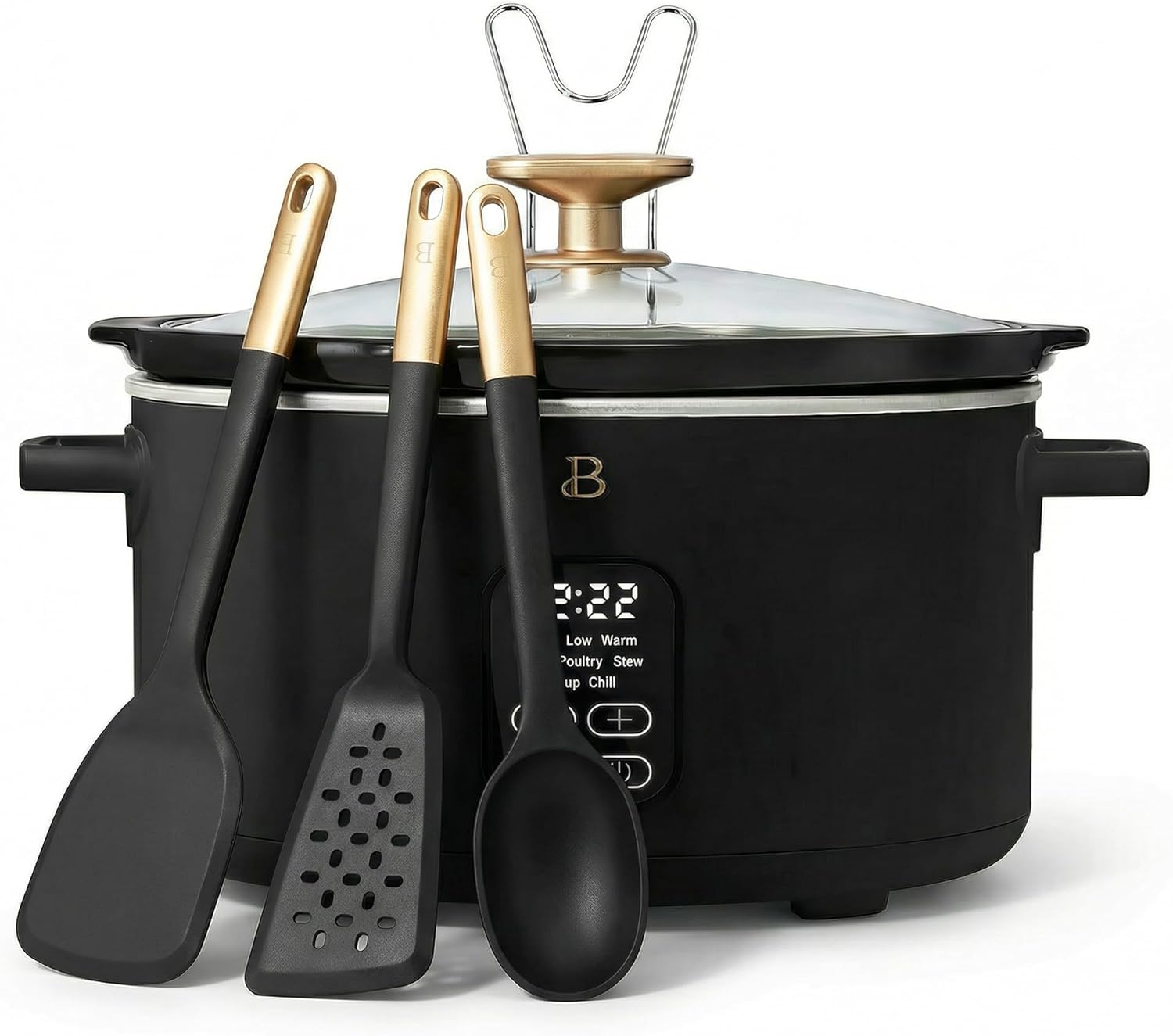 Slow Cooker 6 Quart Black Sesame Programmable with Timer, Family Size Slow Cookers with Preset Functions, with 3-Piece Silicone Kitchen Utensil Tool Set (Black Sesame)