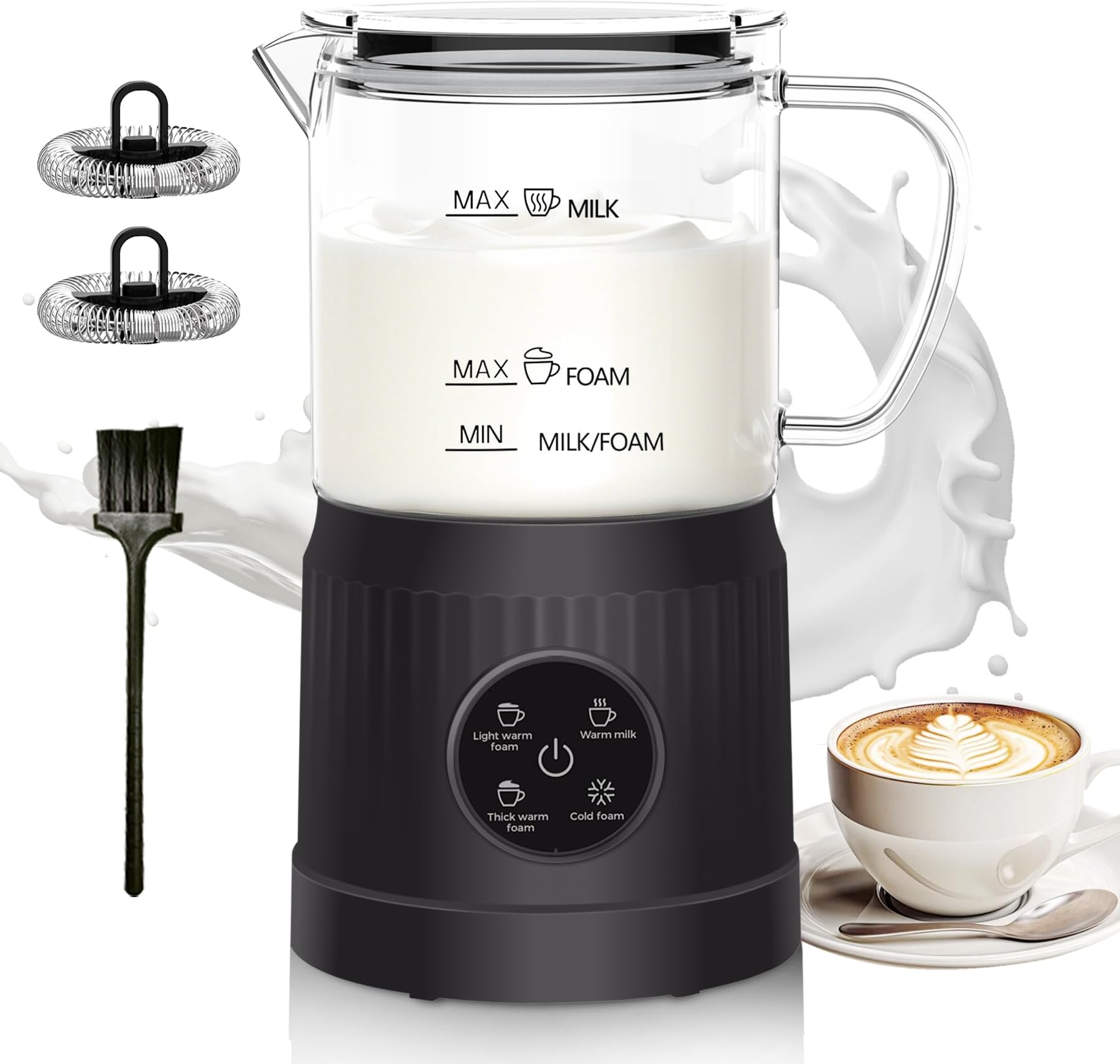 4-in-1 Milk Frother, Electric Milk Frother and Steamer with LED Touch Screen, Non-stick Bottom, Milk Warmer 13.52oz for Lattes, Cappuccinos, and Macchiatos at Home, Black, DS-M0203