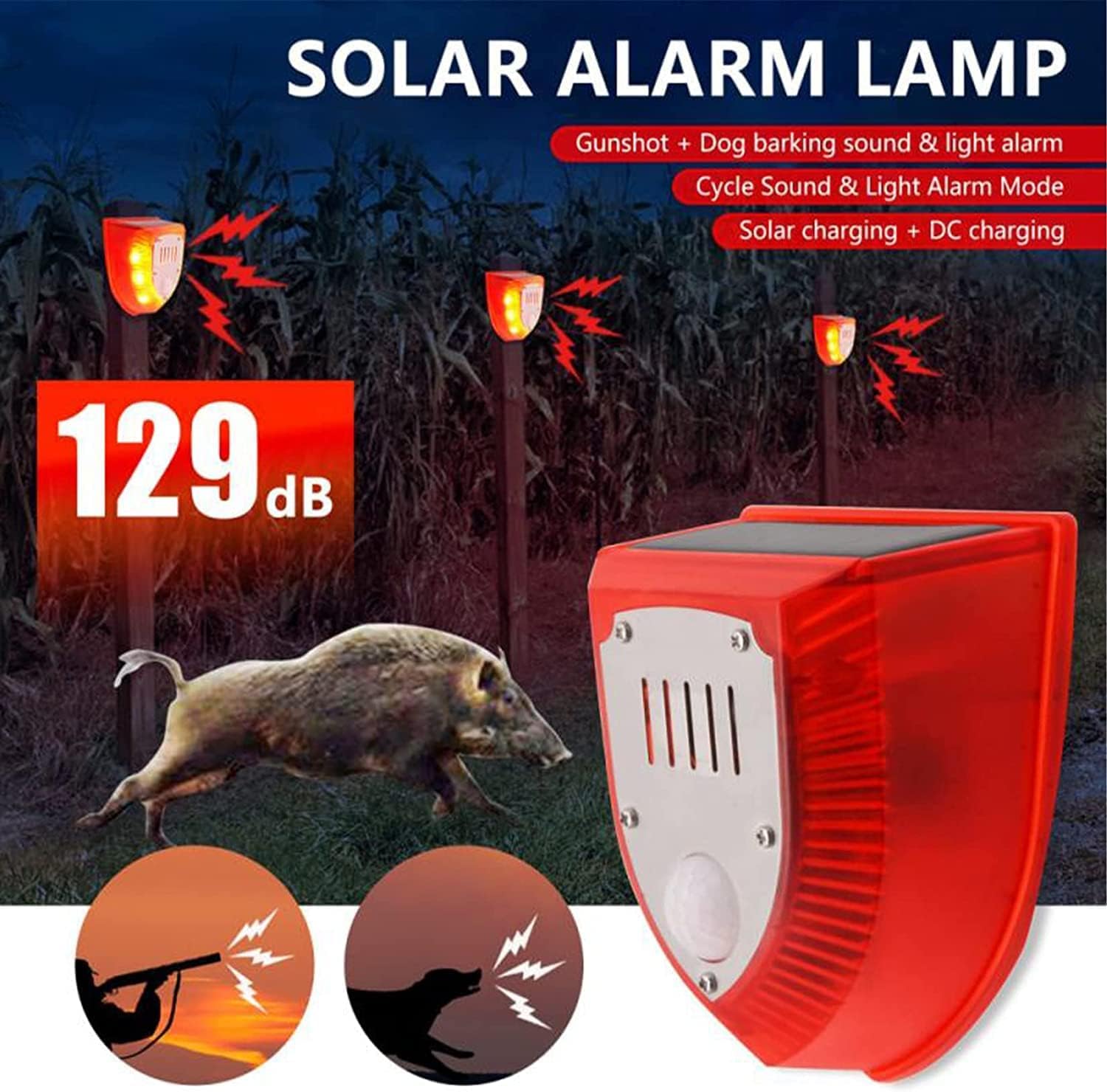 Solar Security Light Alarm, AMZSTAR 129DB Sound Security Flash, Gun Sound and Dog Barking Sound Warning Strobe, Waterproof Motion Sensor for Home Yard Yard Storage Room (1Pack)