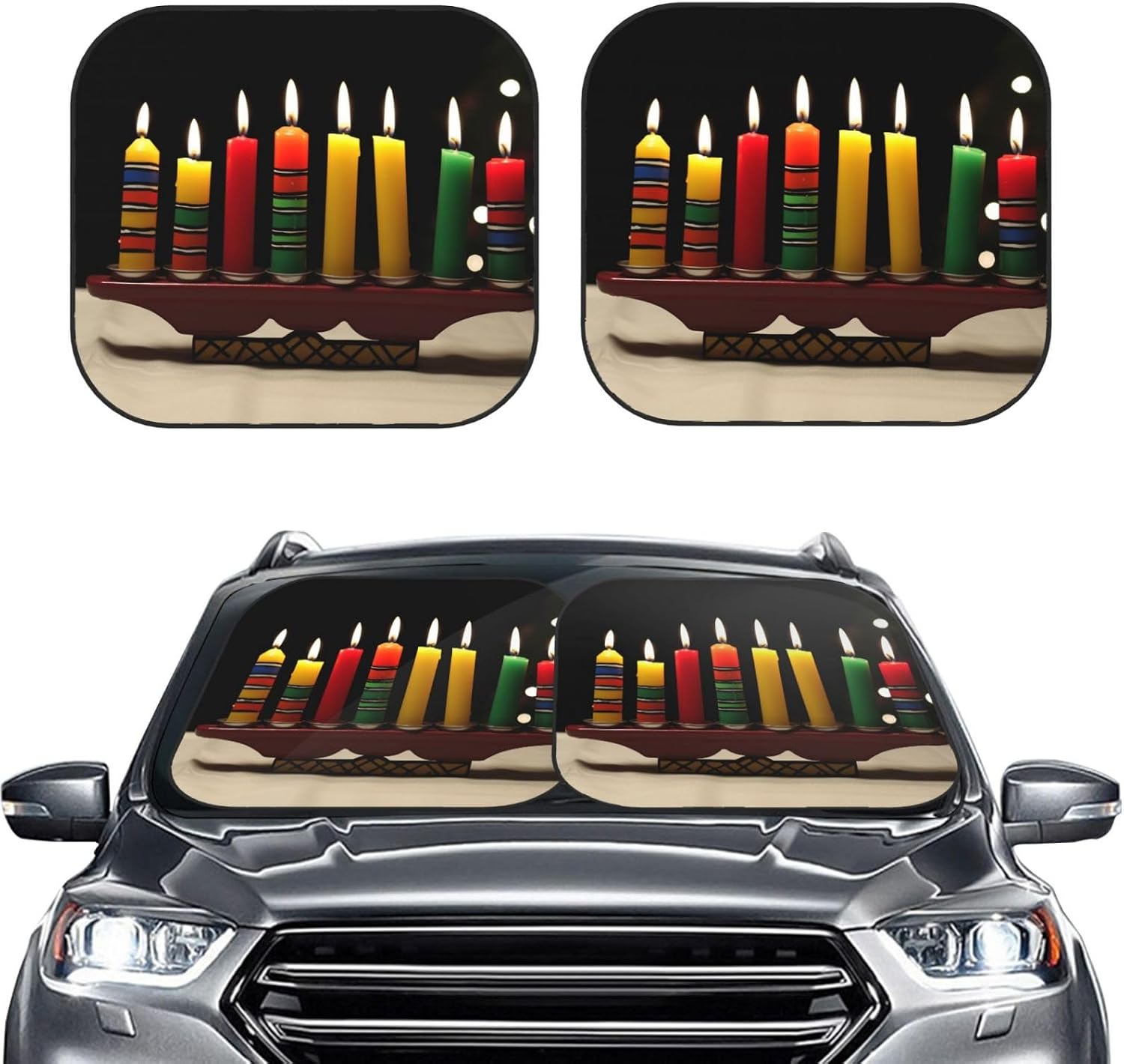 Car Windshield Sun Shade 2 Piece Front Windshield Sun Shade Kwanzaa Candles Sun Shades Auto Sun Heat and UV Rays Blocker Window Sunshade Protector for Car Interior Sun Visor Protection