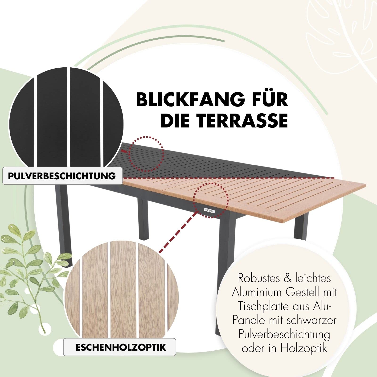 Doppler Ausziehtisch Expert Holzoptik Anthrazit 150/210x90 I Gartentisch ausziehbar I Gartenmöbel Aluminium I Terassenmöbel außen I Outdoortisch für Terrasse & Balkon I Wetterfest & robust