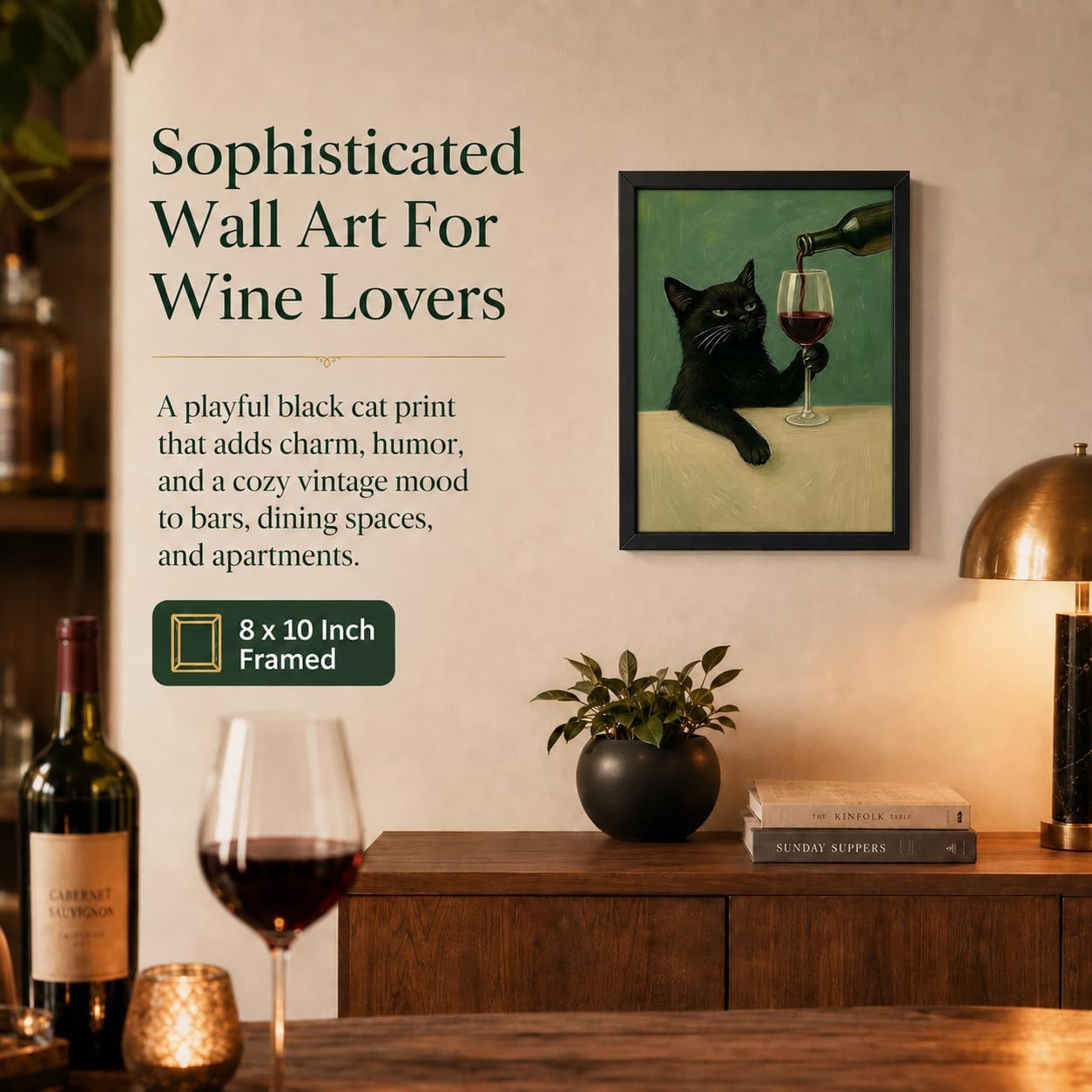 Funny Black Cat Wall Art with Black Wood Frame, Moody Cat Decor 8x10 in image 2