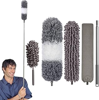 Suitteng Extendable Feather Duster, Microfiber Dusters for Cleaning Ceilings Fan, 250CM Extension Pole flexible to Reach Cobwebs, Washable Long Duster Set for Furniture, Sofa, Baseboards, Bendable