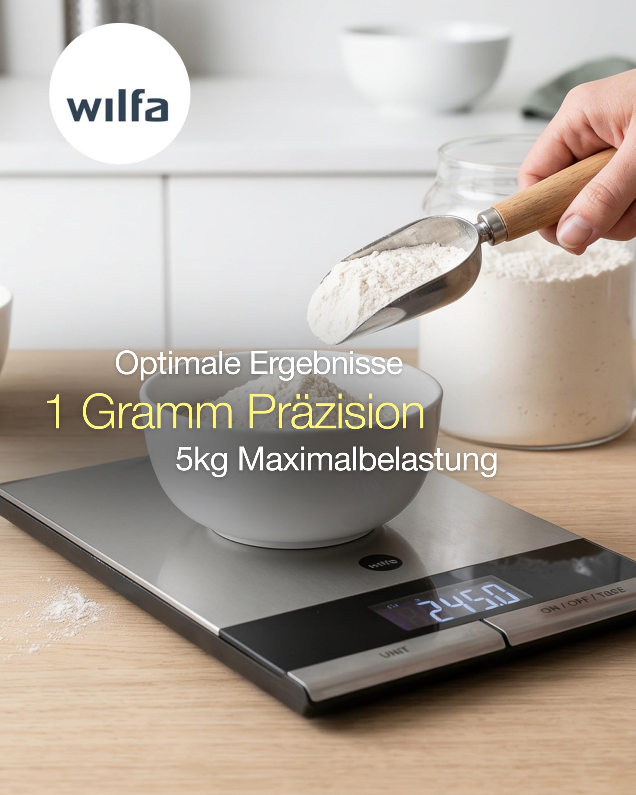 Wilfa GRAM STÅL Küchenwaage – digitale Waage aus rostfreiem Edelstahl – 1 Gramm Intervalle – 5kg Maximalbelastung, silber