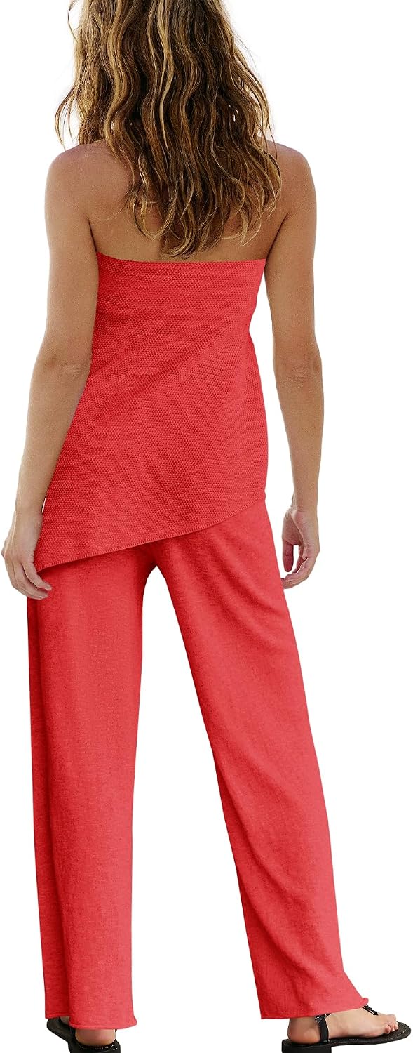 SENSERISE Womens 2 Piece Outfits Summer Knit Sweater Set Matching Lounge Set Off the Shoulder Tops and Pants