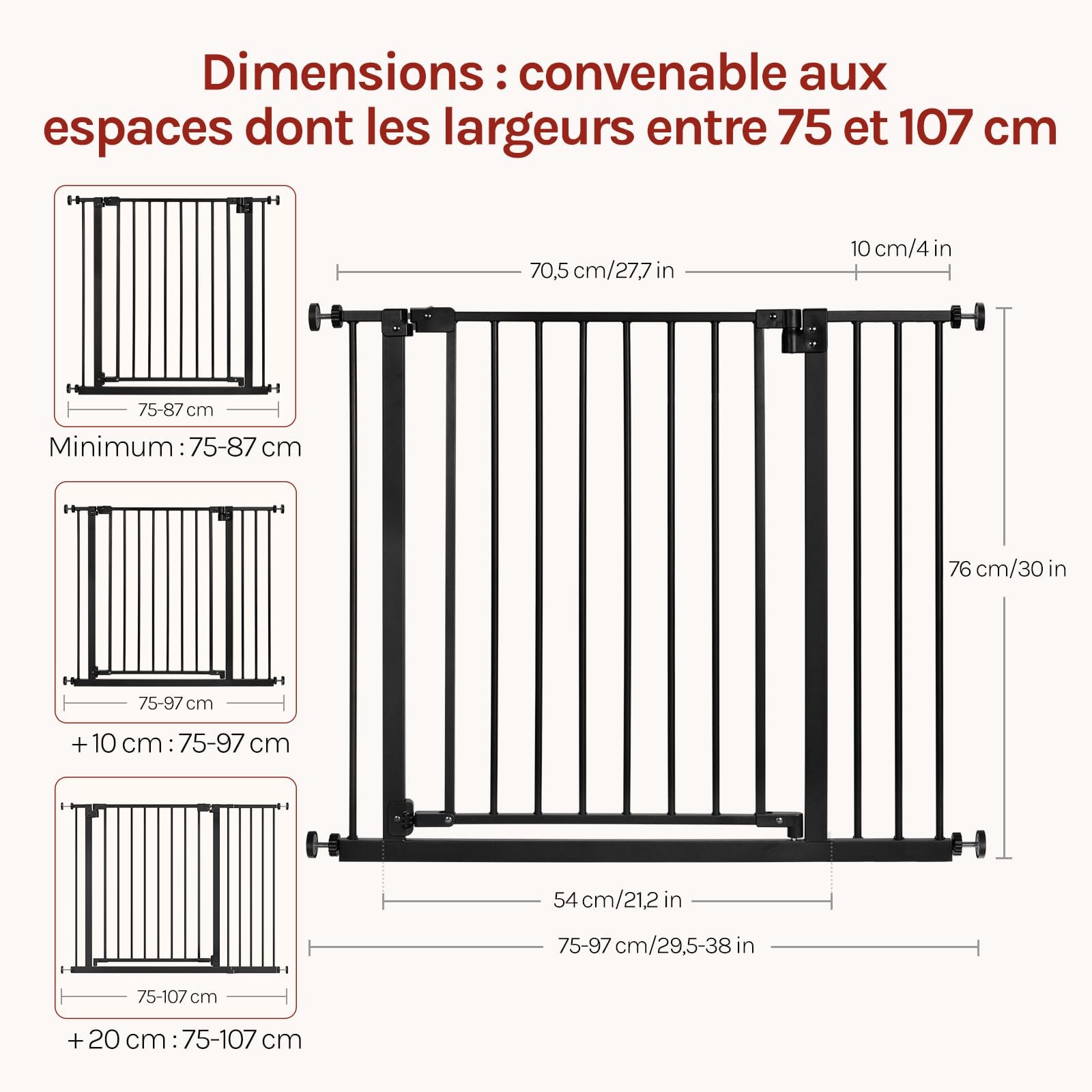 WOLTU Barrière de Sécurité, Barrière d'Escalier et Porte pour Enfant, Chien, Chat, pour Passage de 75-87cm de Largeur, Double Loquet, Fermeture Automatique, en Métal, Noir | Barrière d'escalier pour bébé et chien - Ouverture à une main - Double verrouilla