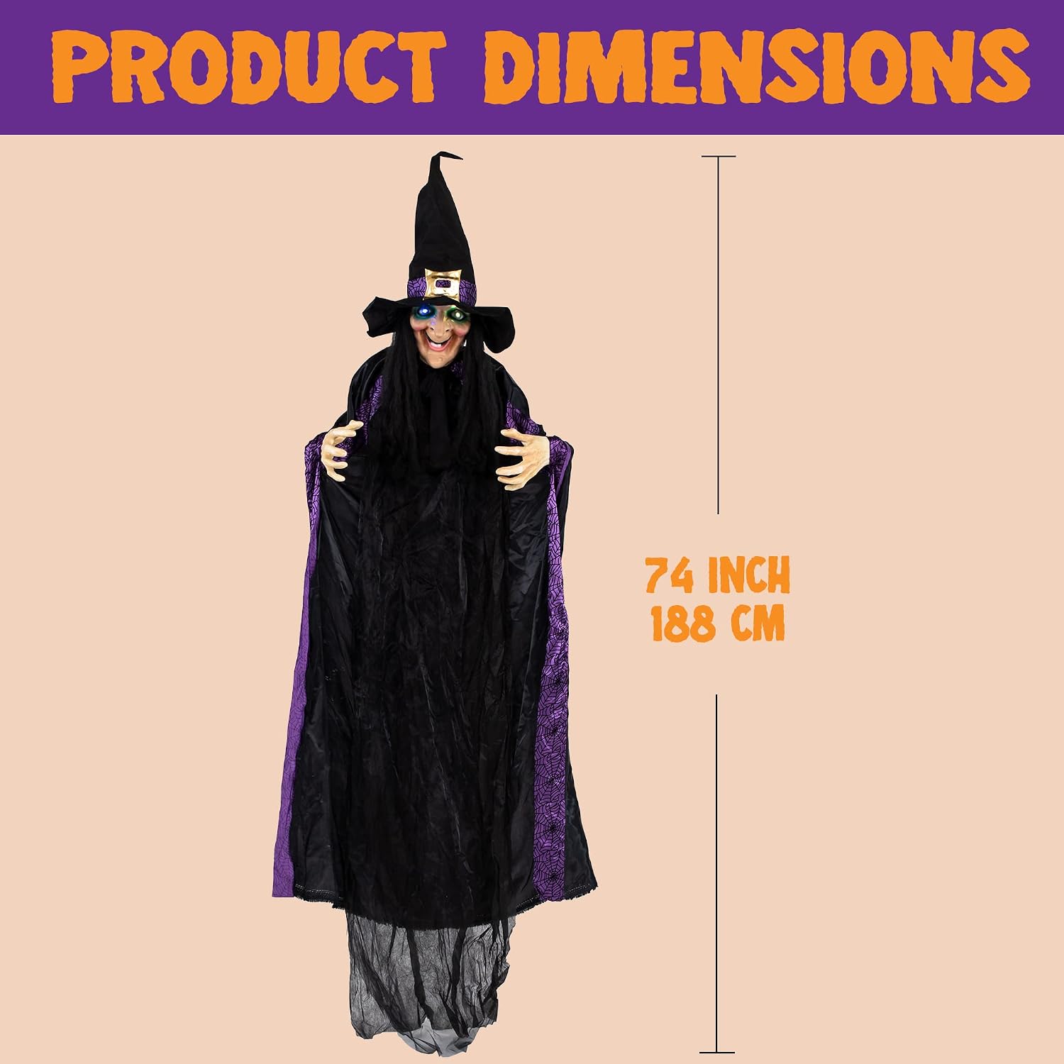 JOYIN Life Size 74" Hanging Animated Witch with LED Eyes and Spooky Sounds for Halloween Decorations