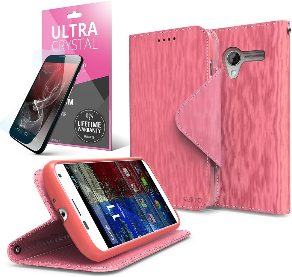 Cellto Premium Moto X Wallet Case with HD Screen Protector [Slim Ultra Fit] (Pink) Diary Cover w/ID Pocket (1st Generation)
