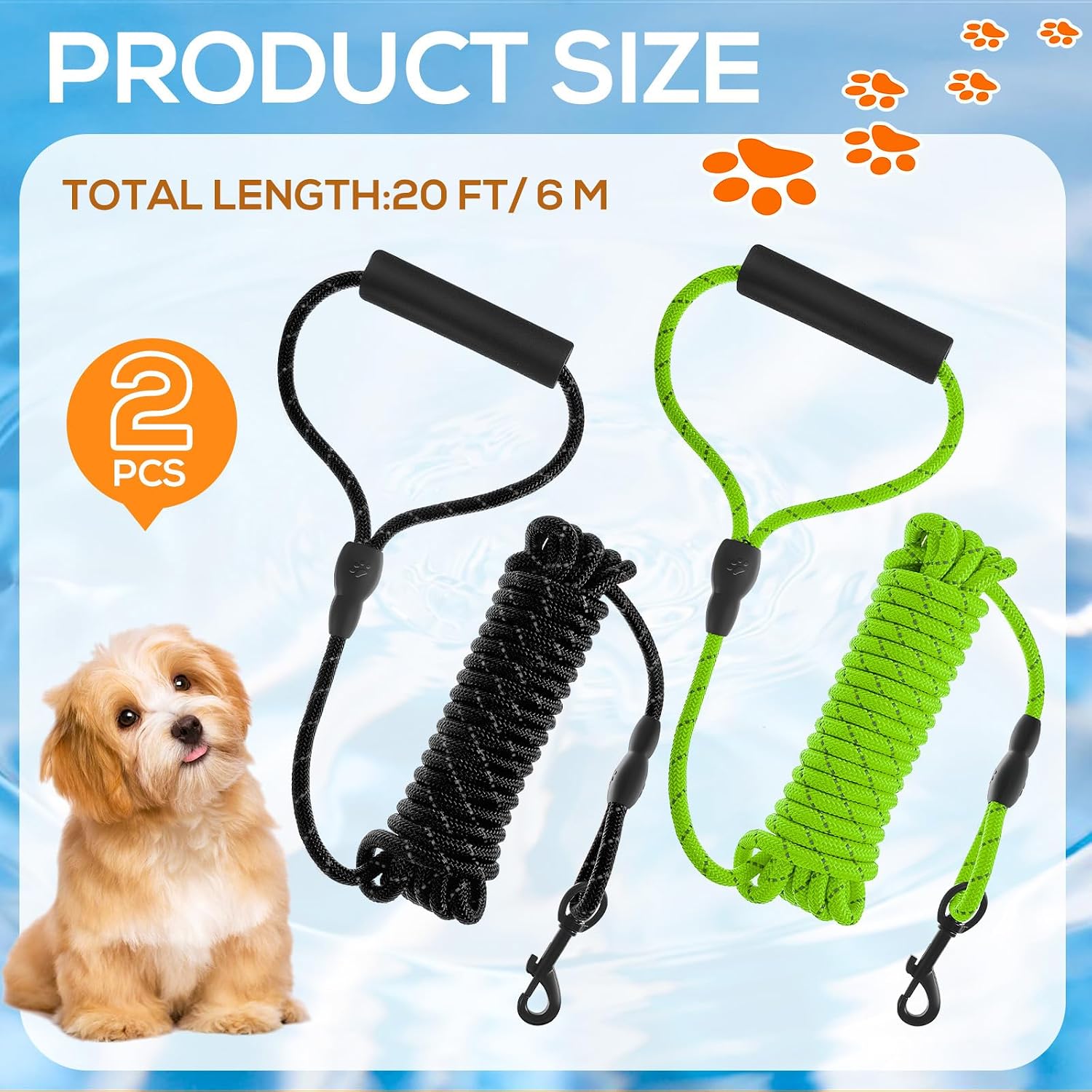 2 Pack Floating Dog Leash for Swimming 20ft Long Dog Training Leash Reflective Rope with Soft Padded Handle & Swivel Hook Heavy Duty Waterproof Lead for Small Medium Large Dogs, Black Green