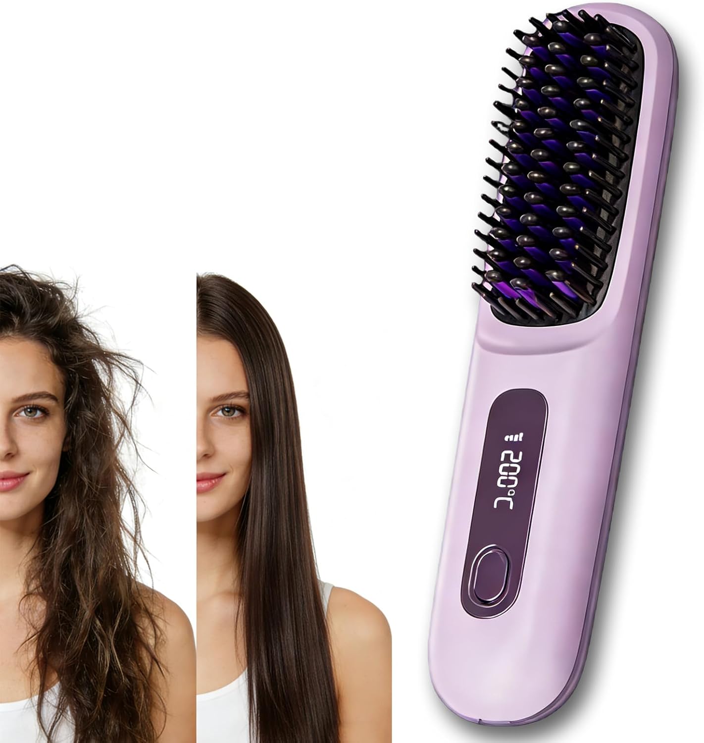 2026 Go Brush Pro for Short Hair, Portable Straightener Brushs for Travel, with LCD Temperature Display, Fast Heating Cordless Mini Hair Brushs Styling Tools (Purple)