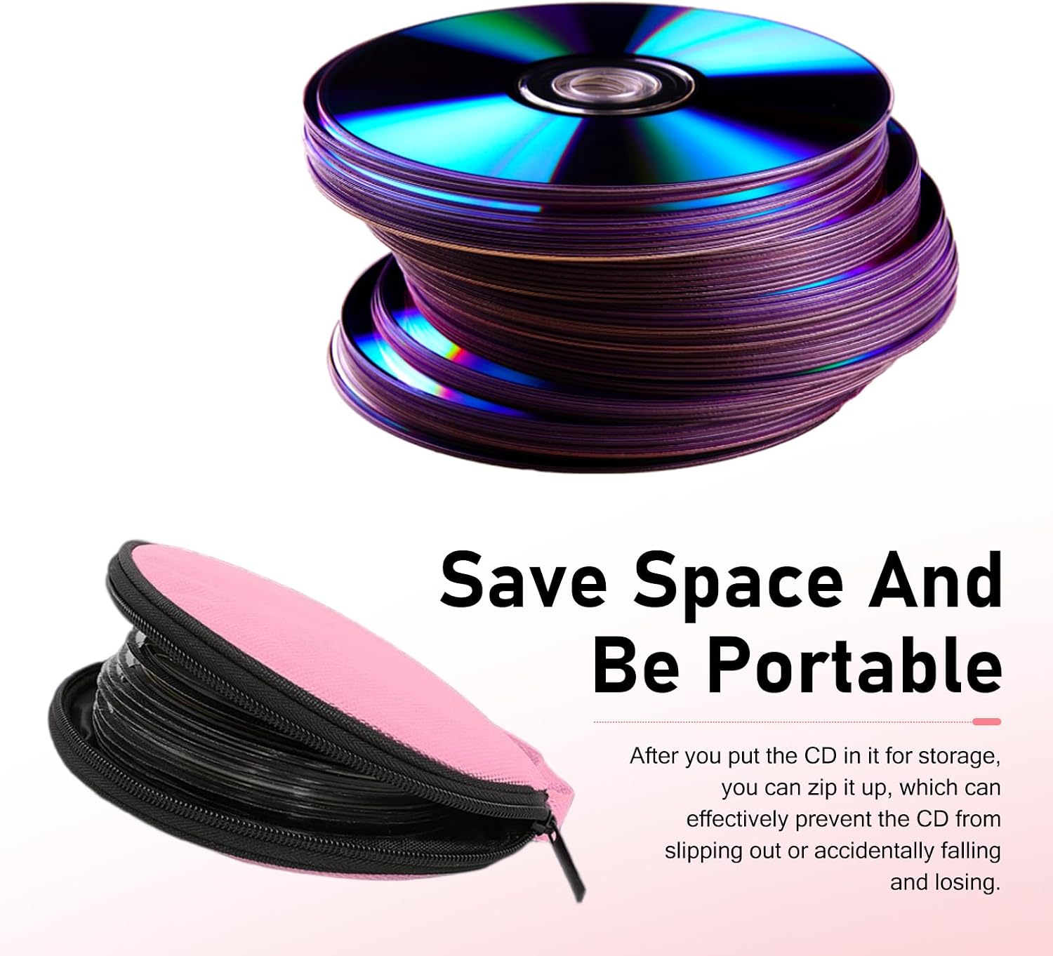 CD Case, Nylon Round DVD Storage, Water-resistant CD Holder Dividers Folder, Universal Large Capacity 20 Disc DVD Organizer Storage for Car Home Travel (Pink)