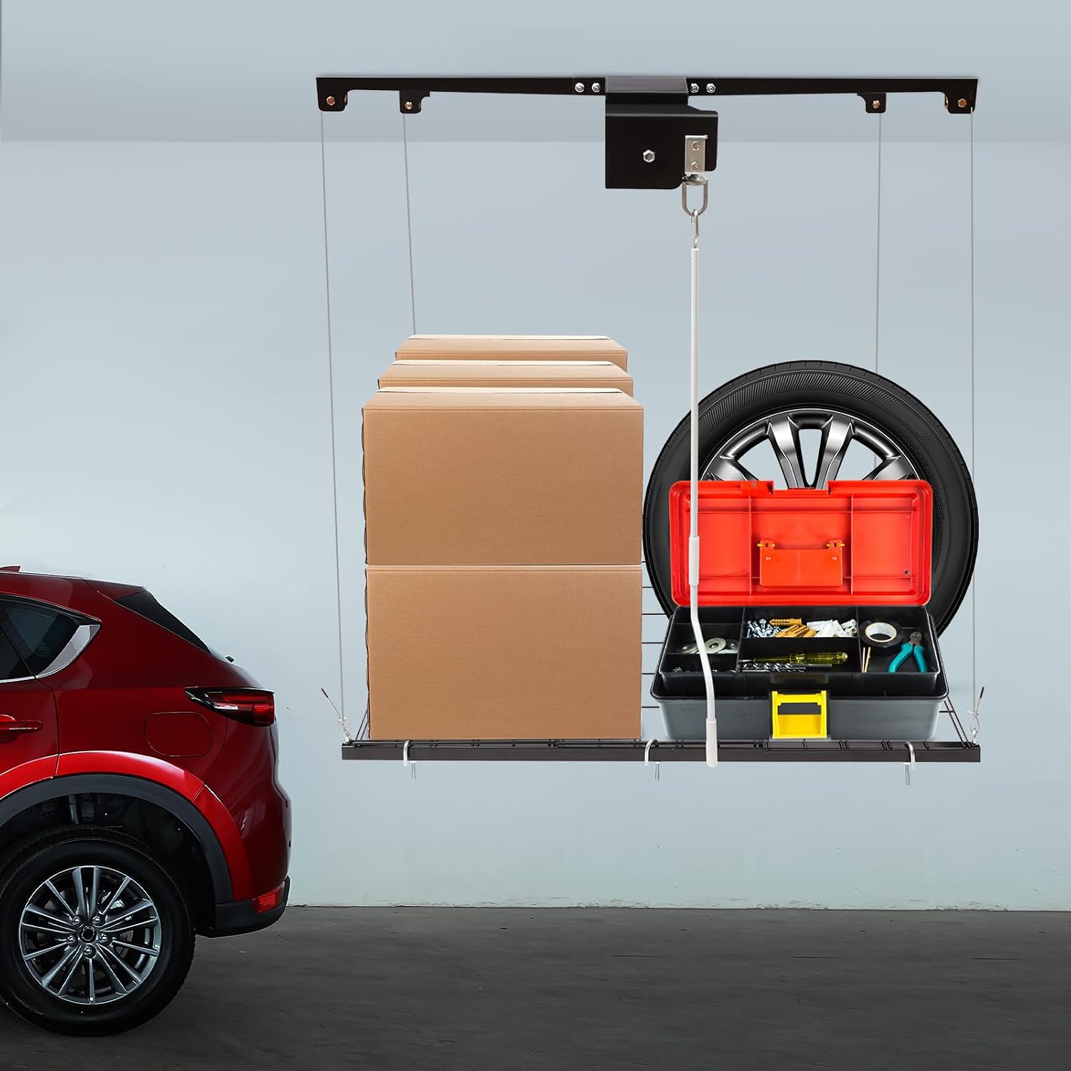 Garage Storage Rack, 4x4 FT Ceiling Mount, Adjustable Height up to 79″, Overhead Garage Storage Rack with Safety Lock, 300 lbs Capacity for Garage Storage Mounted Lift System and Storage Organizer