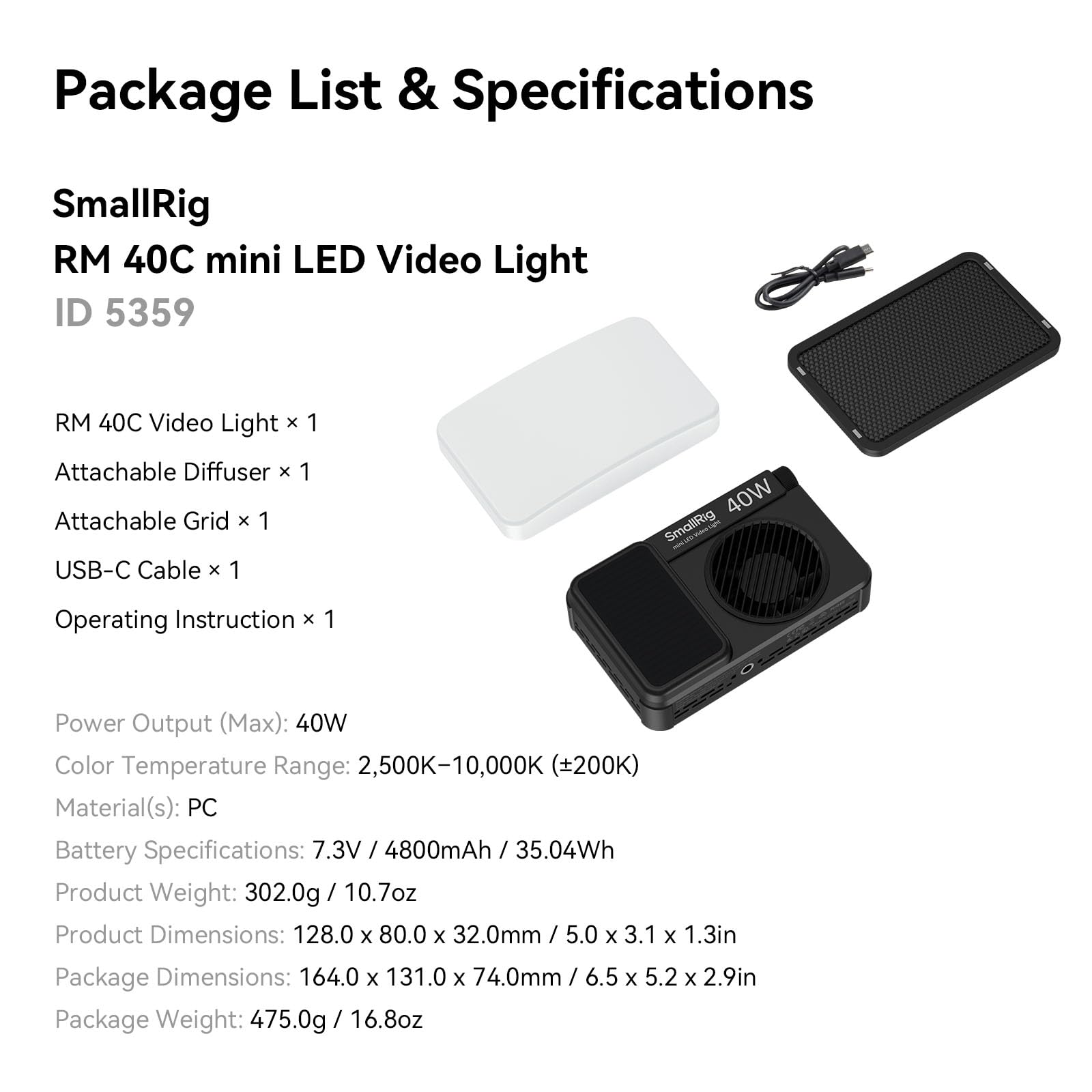 SMALLRIG Luz LED RGB RM 40C - Batería 4800mAh, Pantalla LCD, Portátil para Creatores de Contenido para TikTok/Youtube, 2500K-10000K CRI 96, Montaje Magnético - 5359