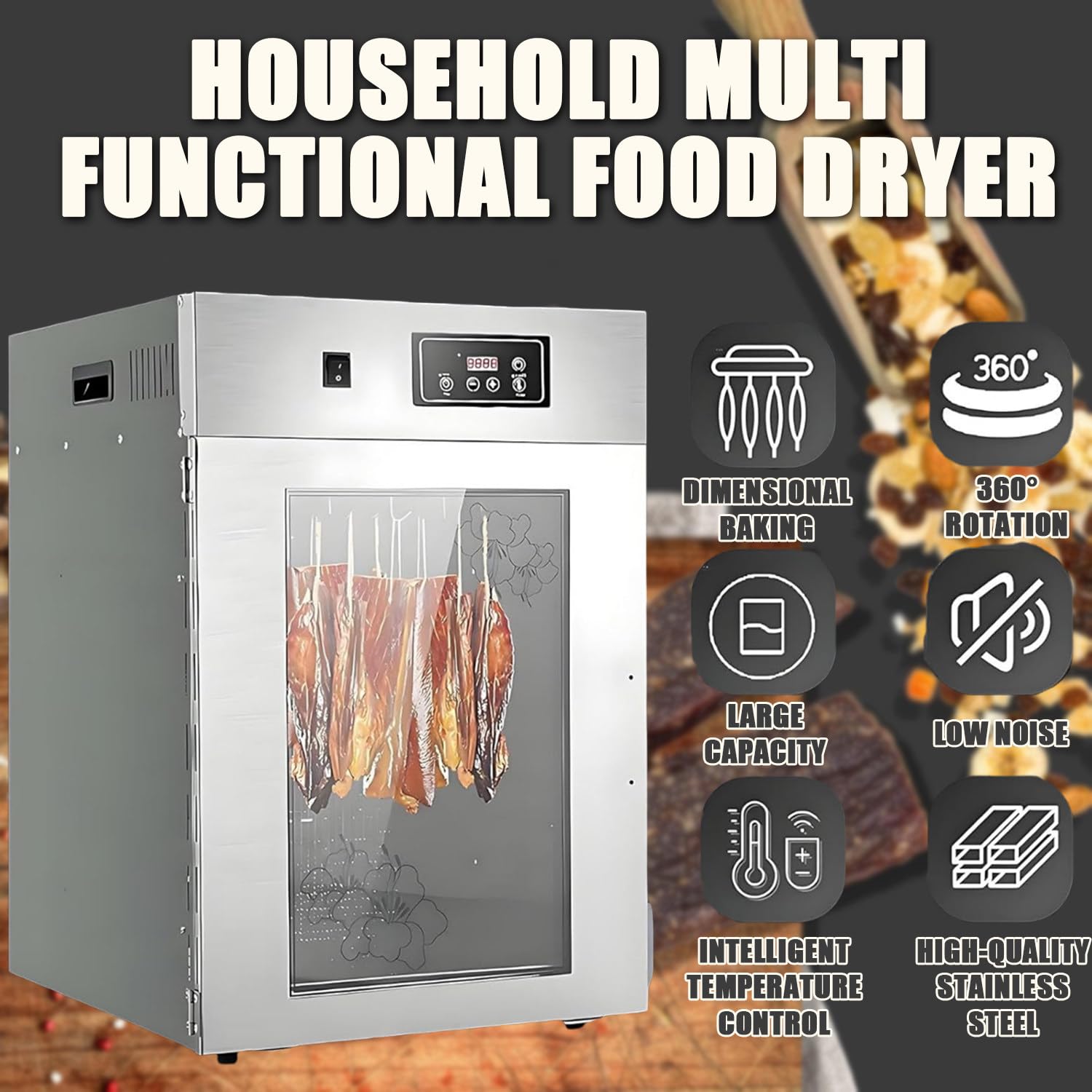 800-W-Fleischtrockner, 360°-Fleischreifeschrank, Temperaturregelung Von 0–90 °c, Mit LED-Bedienfeld Und 14 Haken, 7,5 Kg Fassungsvermögen, 24-Stunden-Timer, Für Trockenfleisch, Speck, Würstchen