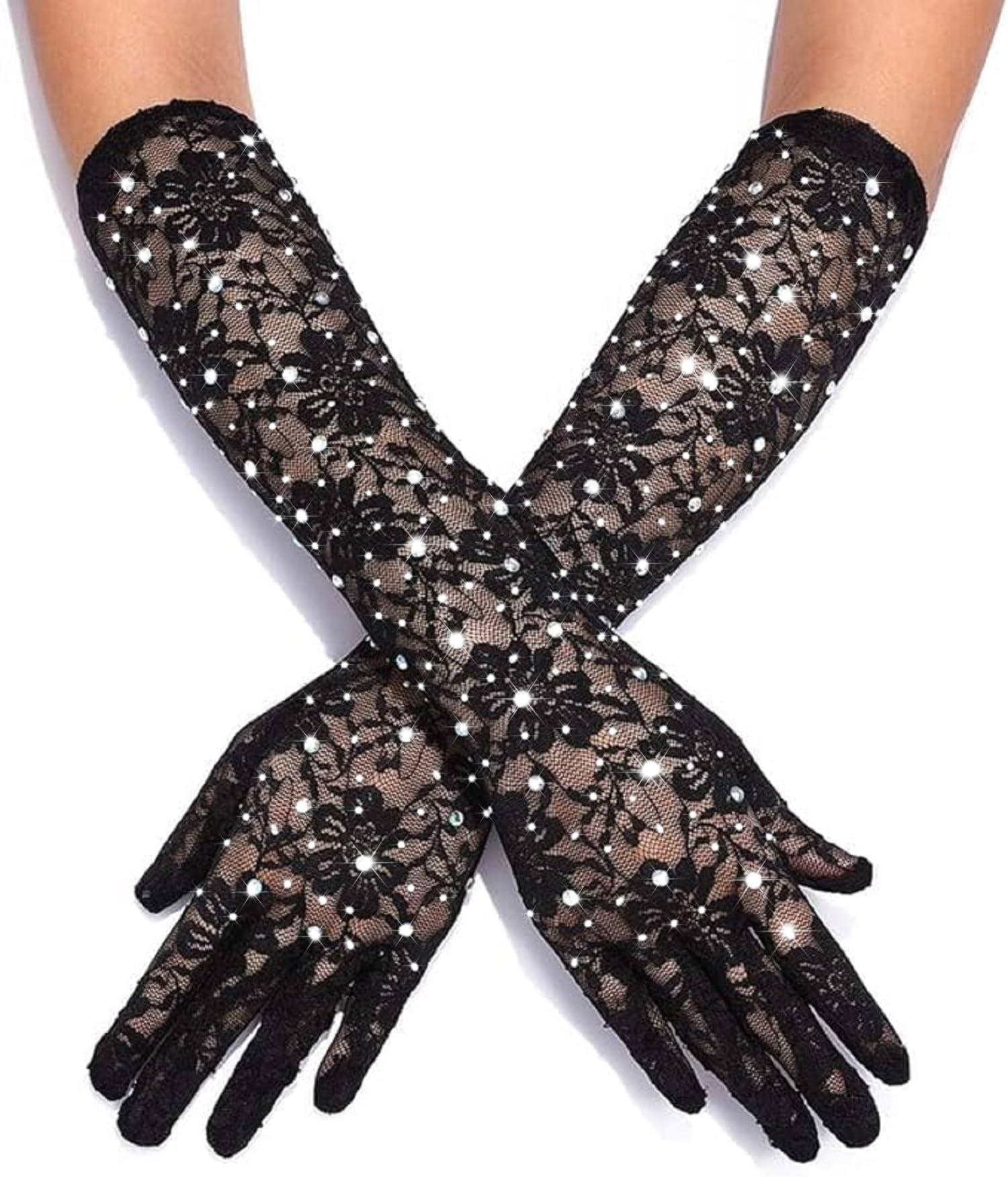 Amazleer Women's Long Lace Floral Opera Gloves - Wedding & Bridal Dance Elbow Length Gloves (Lace, Bling)