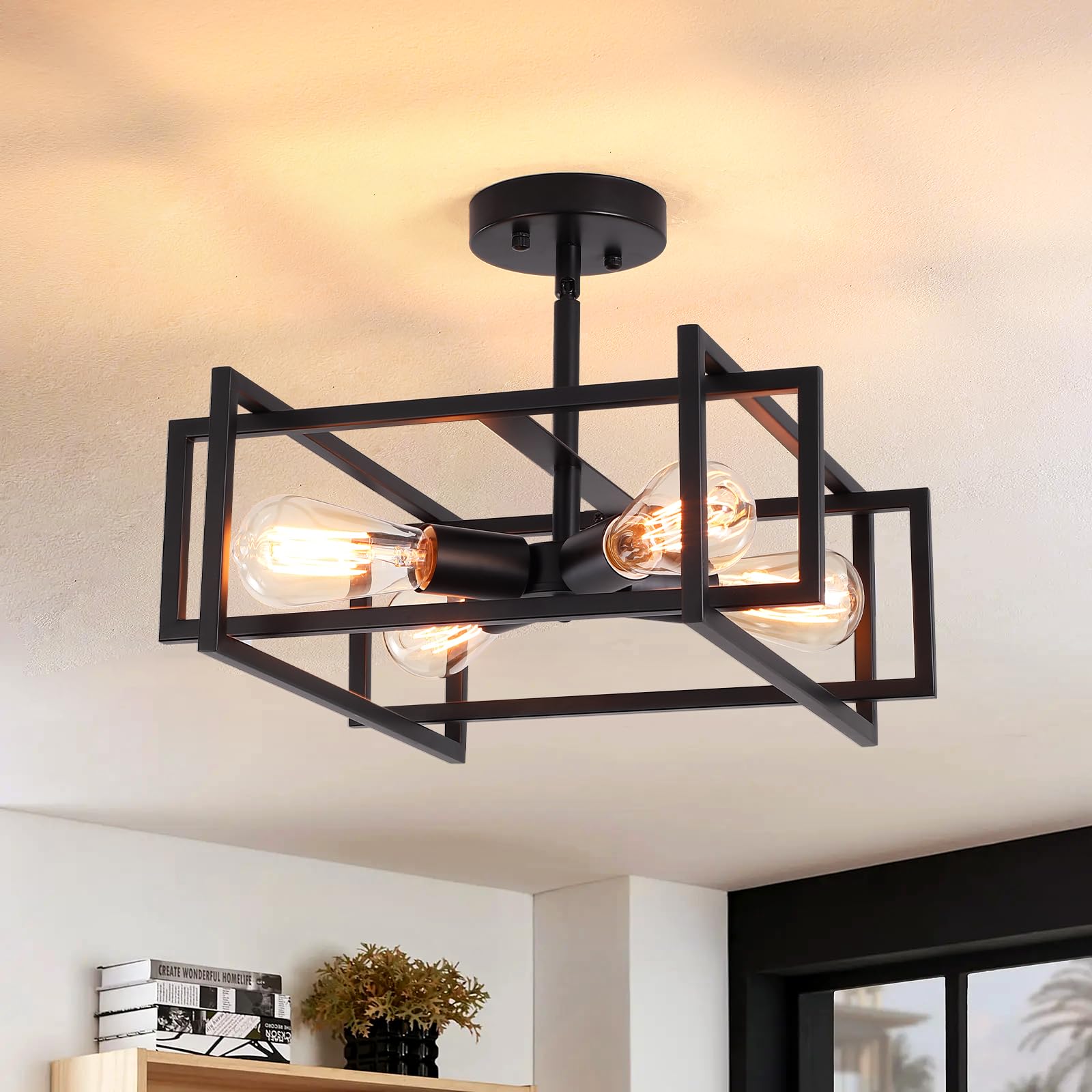 LWYTJO Deckenleuchte Vintage Schwarz 4 Licht, E27 Industrial Wohnzimmer Deckenlampe, Modern Schwarz Metall Kronleuchter, Deckenleuchte Küche für Schlafzimmer, Esszimmer, Flur, Eingang
