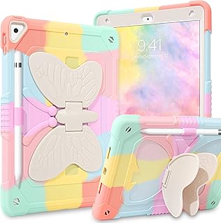DOMAVER for iPad 9th Generation Case, iPad 8th/7th Generation Case iPad 10.2 Case, iPad Air 3 Case [Butterfly Kickstand] [Pencil Holder] Kids Camo Case for iPad 10.2" 2021/2020/2019, Shockproof Protective Cover- Colorful