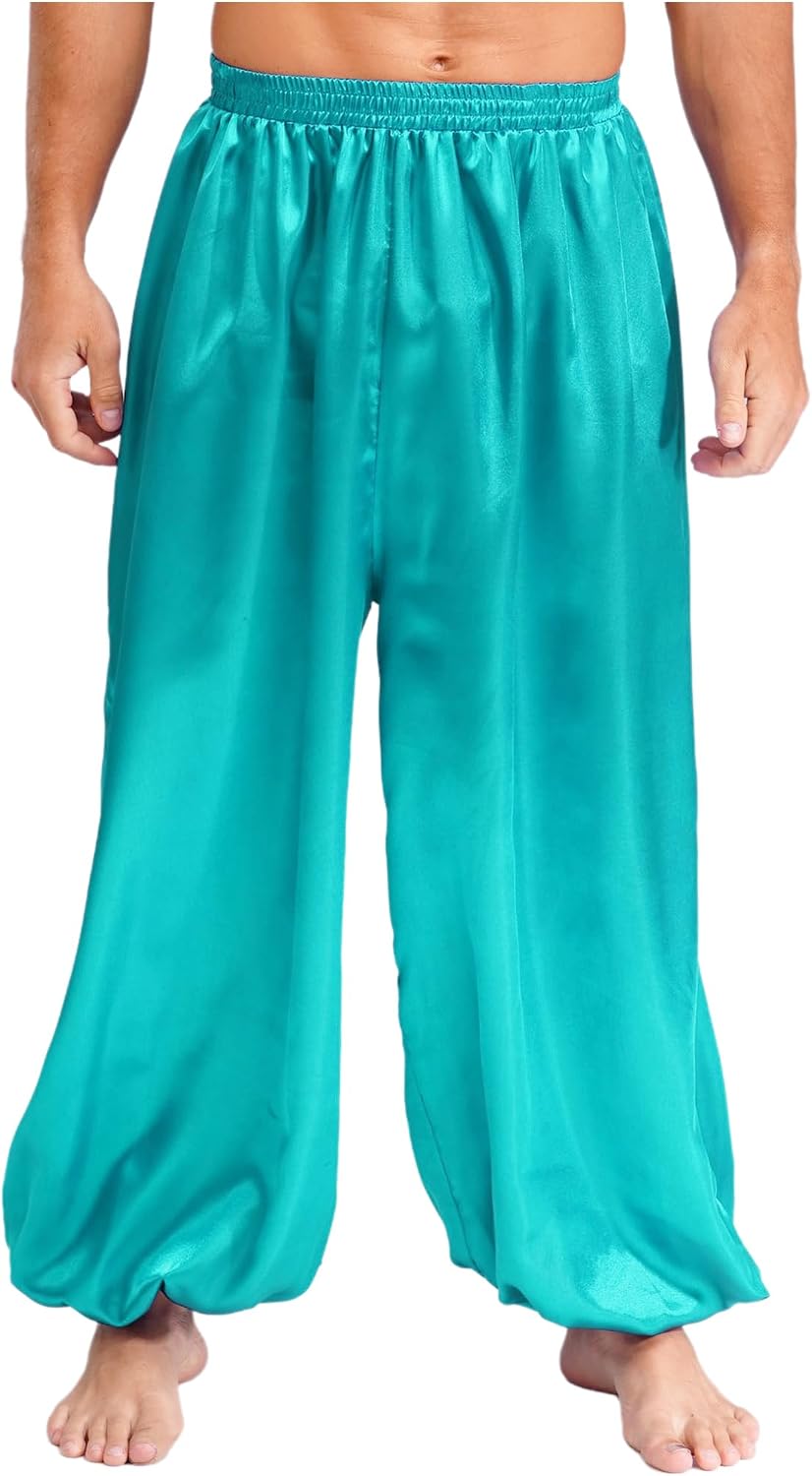 ACSUSS Mens Halloween Arabian Prince Trousers Shiny Satin Elastic Waist Gold Trim Lantern Pants