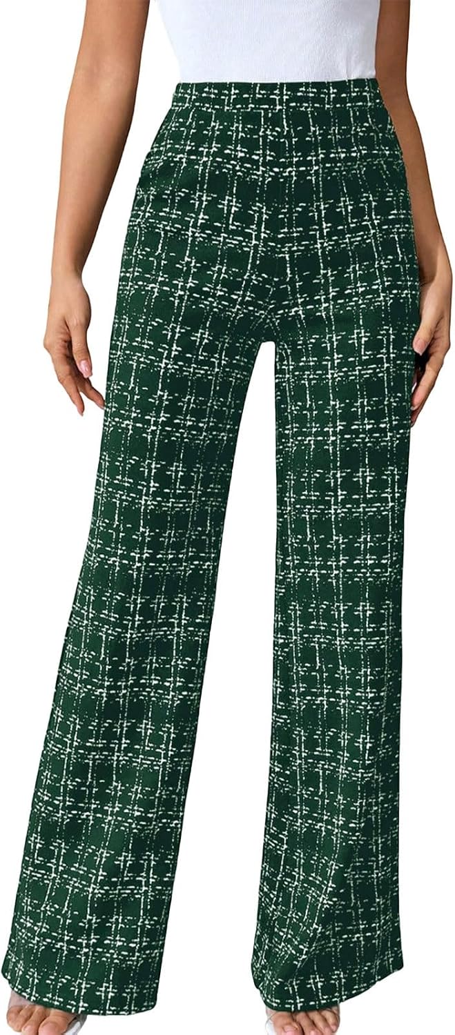 Women's Wide Leg Pants Plaid Elastic High Waist Business Casual Work Baggy Pants Fall Trendy Y2K Trousers
