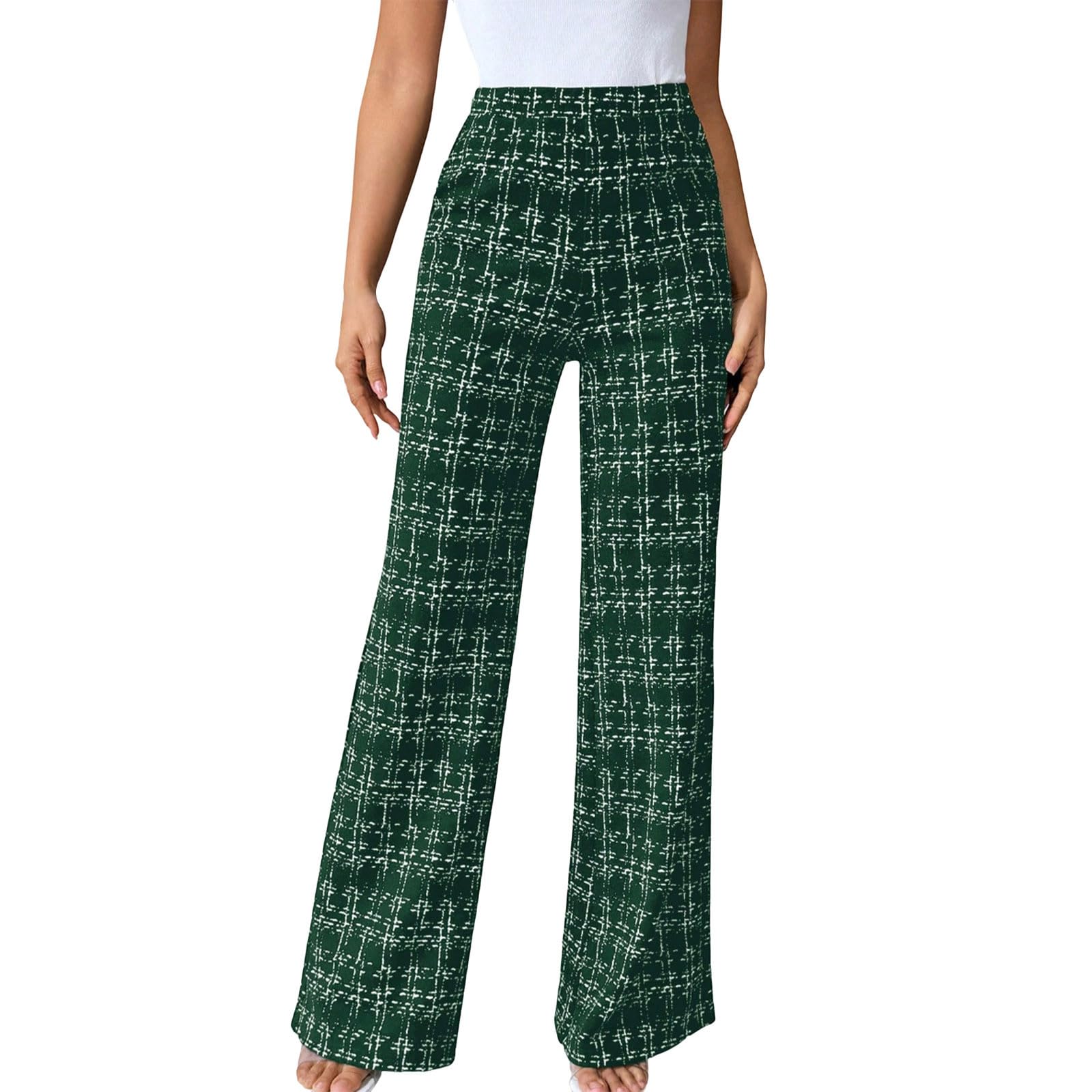 Women Long Dress Pants High Waisted Work Pants Dressy Casual Straight Leg High Waist Trousers Plaid Printed Retro
