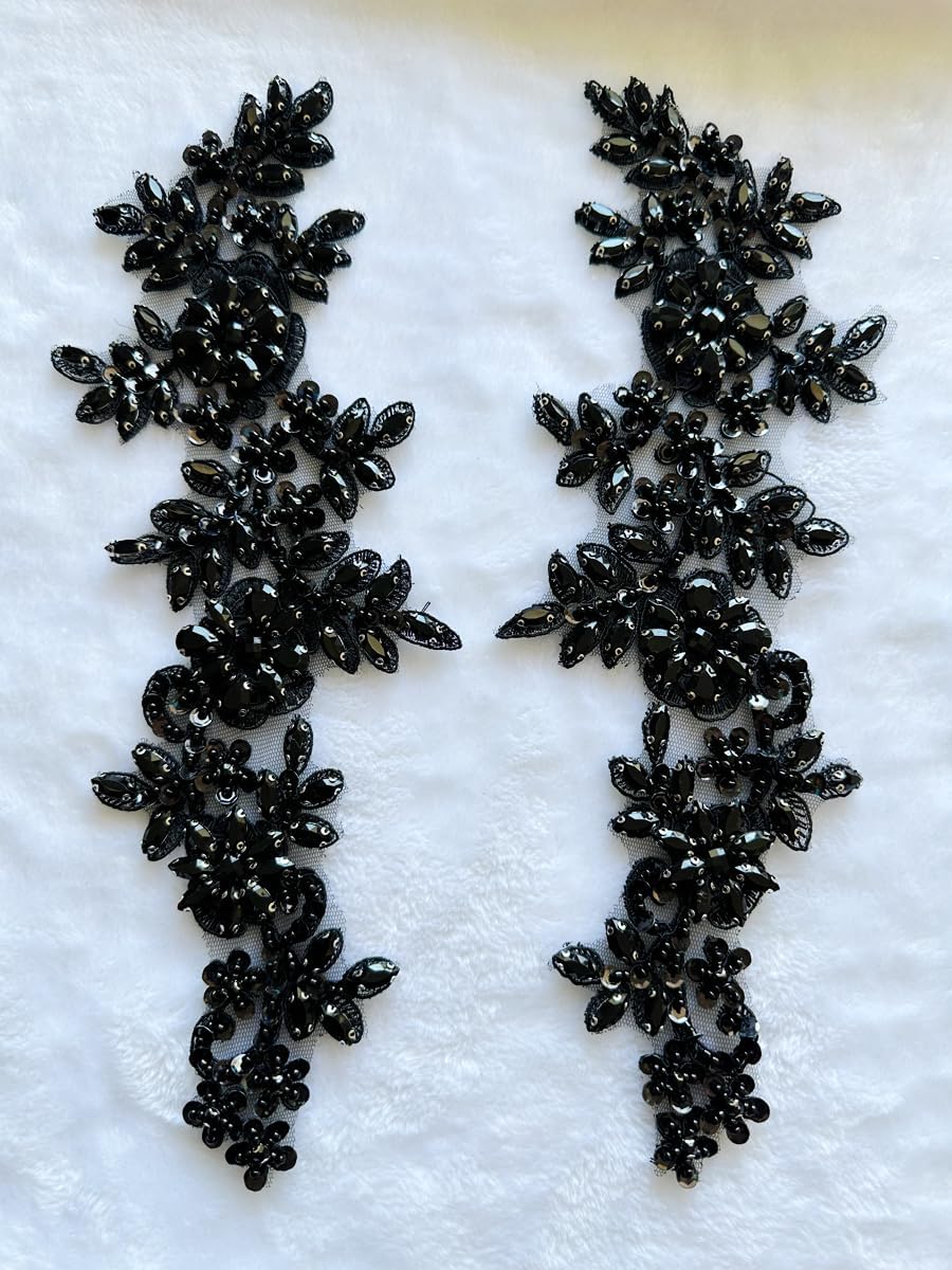 Handmade Rhinestones on lace Applique Sewing Beads Sequins Trim Patches for Wedding Dress Accessories 1 Pair/Bag (Black)