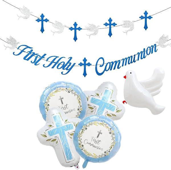 First Holy Communion Decorations Blue Set Communion Banner Communion Foil Balloons Dove Cross Party Supplies Boys Girls First Communion Decorations Confirmation Decorations Church Party Backdrop Kit - 1
