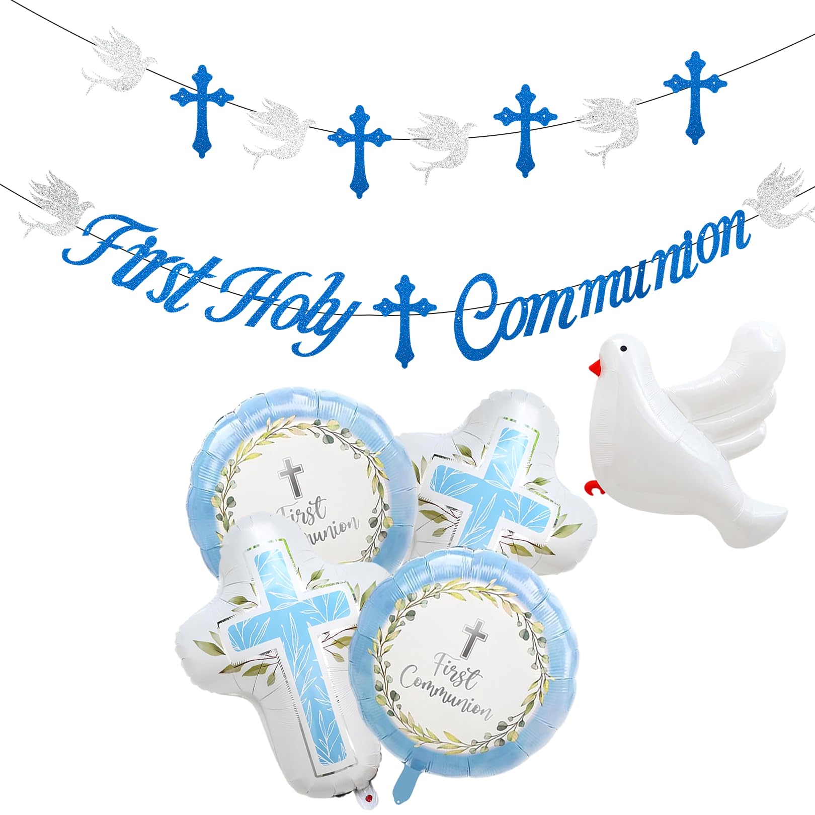First Holy Communion Decorations Blue Set Communion Banner Communion Foil Balloons Dove Cross Party Supplies Boys Girls First Communion Decorations Confirmation Decorations Church Party Backdrop Kit