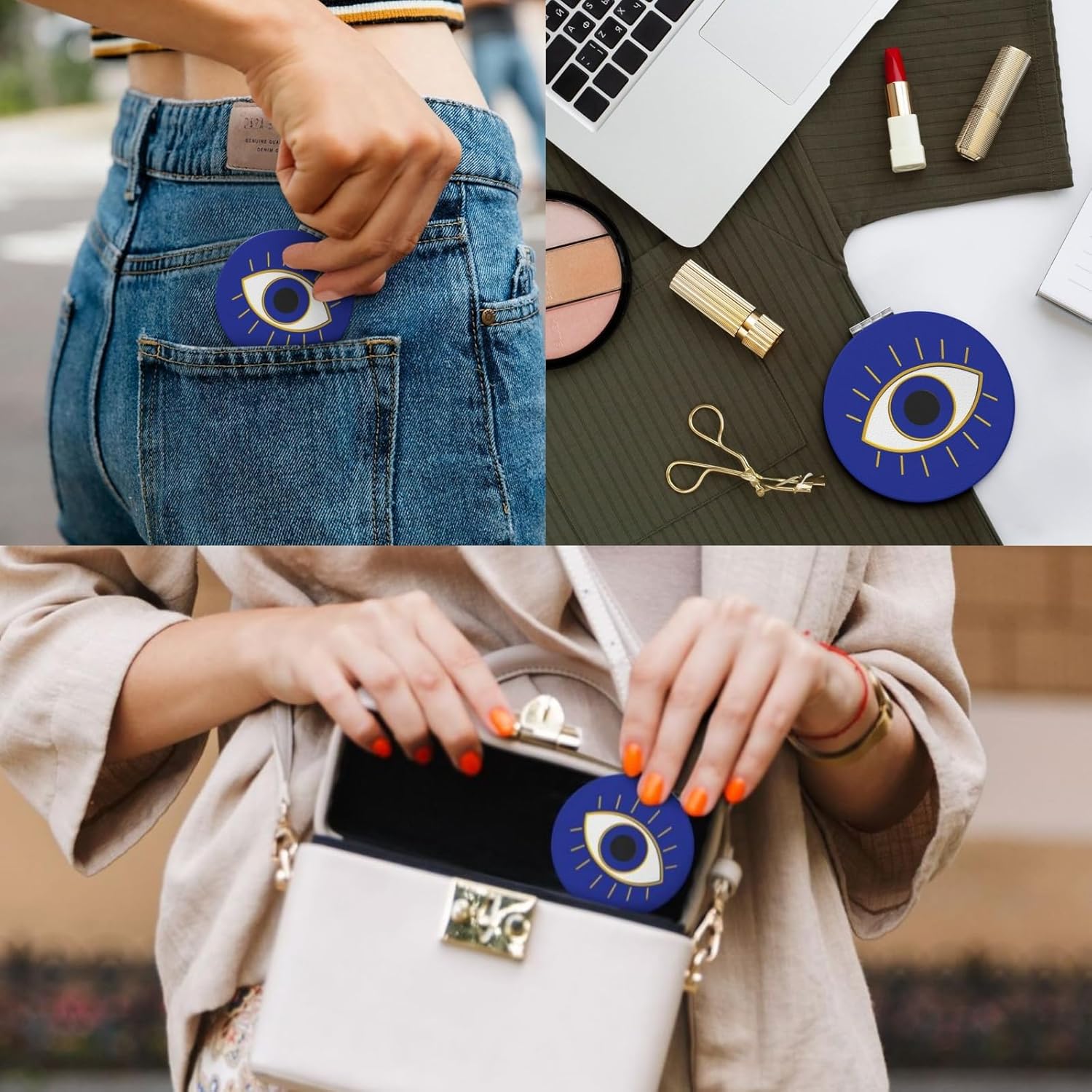 Double-Sided Pocket Compact Mini Makeup Mirrors 1x, 2X Magnifying Mirror Portable Foldable Round Small Purse Mirror Suitable Daily Travel Party for Woman Man - Evil Eyes
