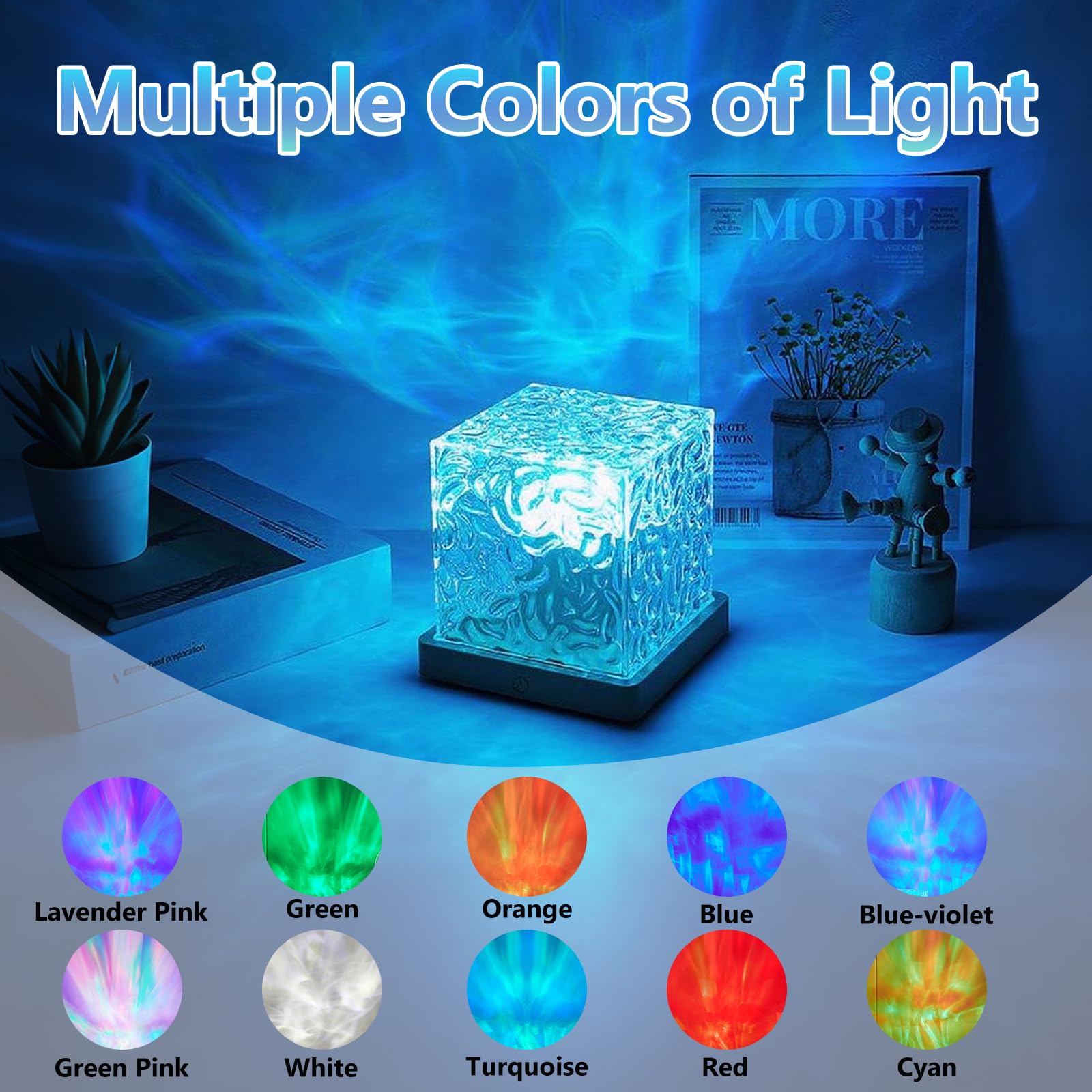 HESUSLA Lights Projector Rechargeable, Touch Cube Color Changing Light with 16 Colors 4 Modes Dimmable Cordless Mood Lamp for Shower, Ambient Lighting for Bedroom and Bathroom: Ocean Wave