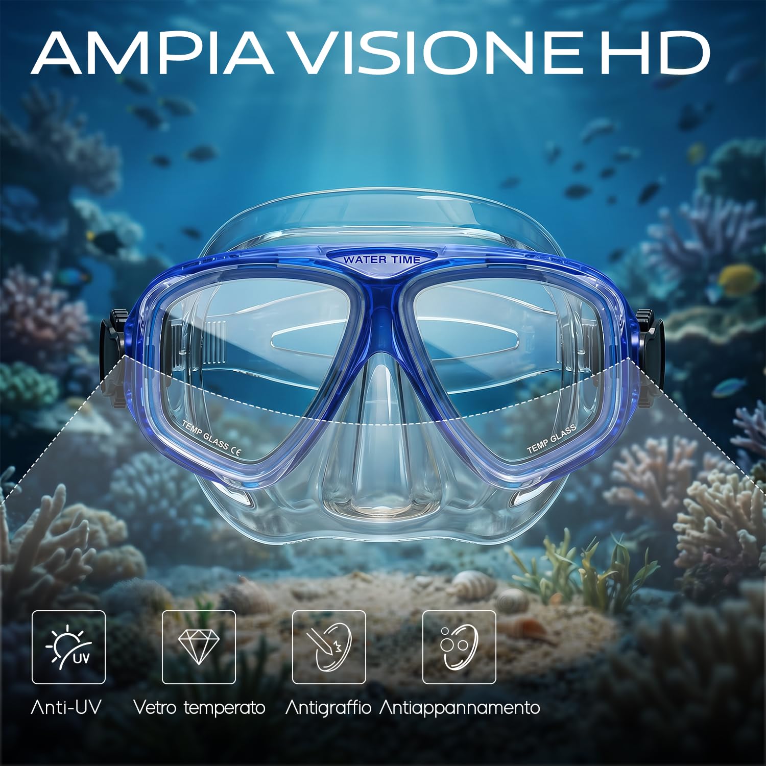 Set Snorkel Adultos – Máscara Cristal Templado, Tubo Seco con Válvula de Purga, Antivaho, Sellado Antifugas 12+