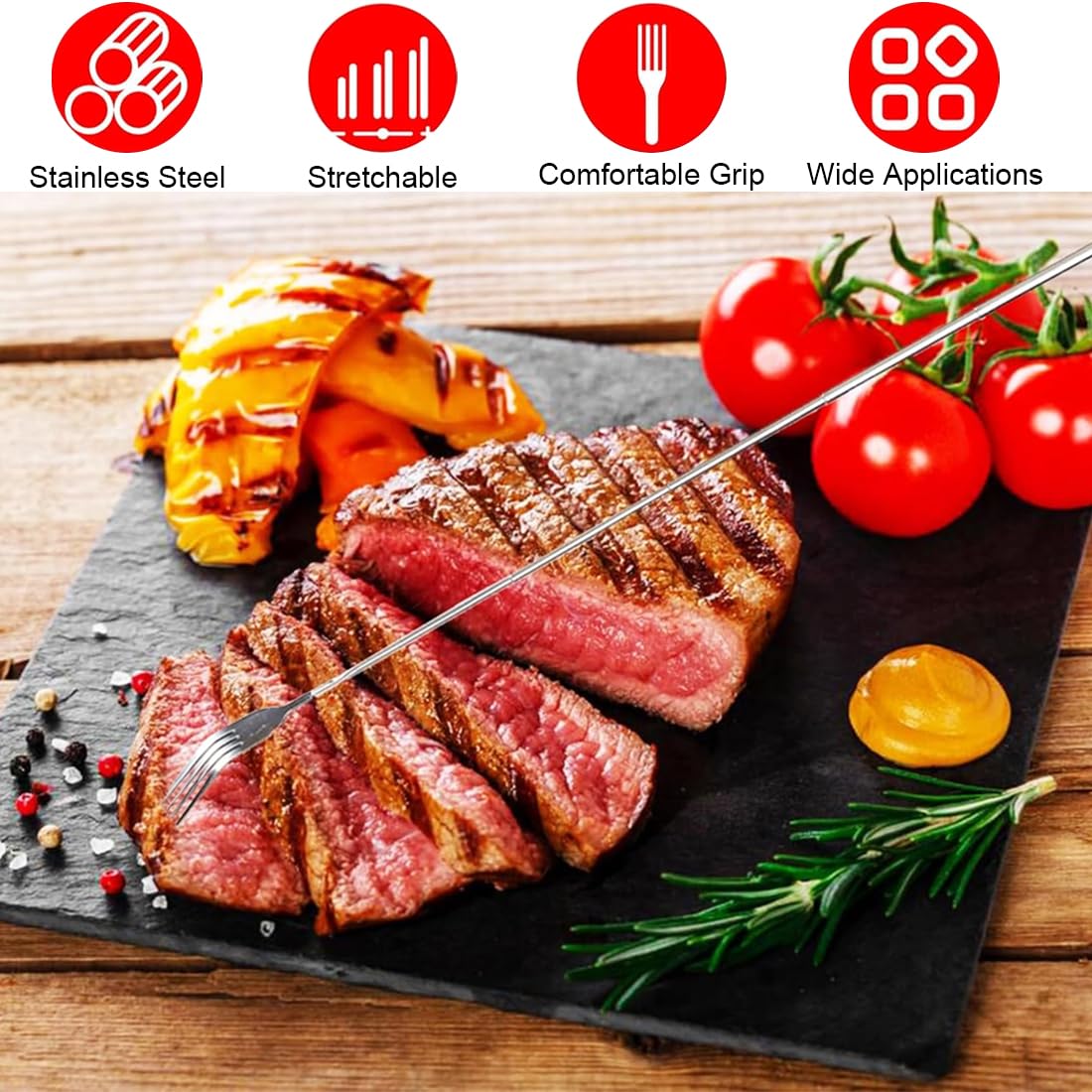 Forchetta telescopica, forchetta telescopica lunga, forchetta telescopica in acciaio inossidabile, forchetta estensibile con manico lungo, per barbecue, brindisi, cena, frutta, dessert, argento