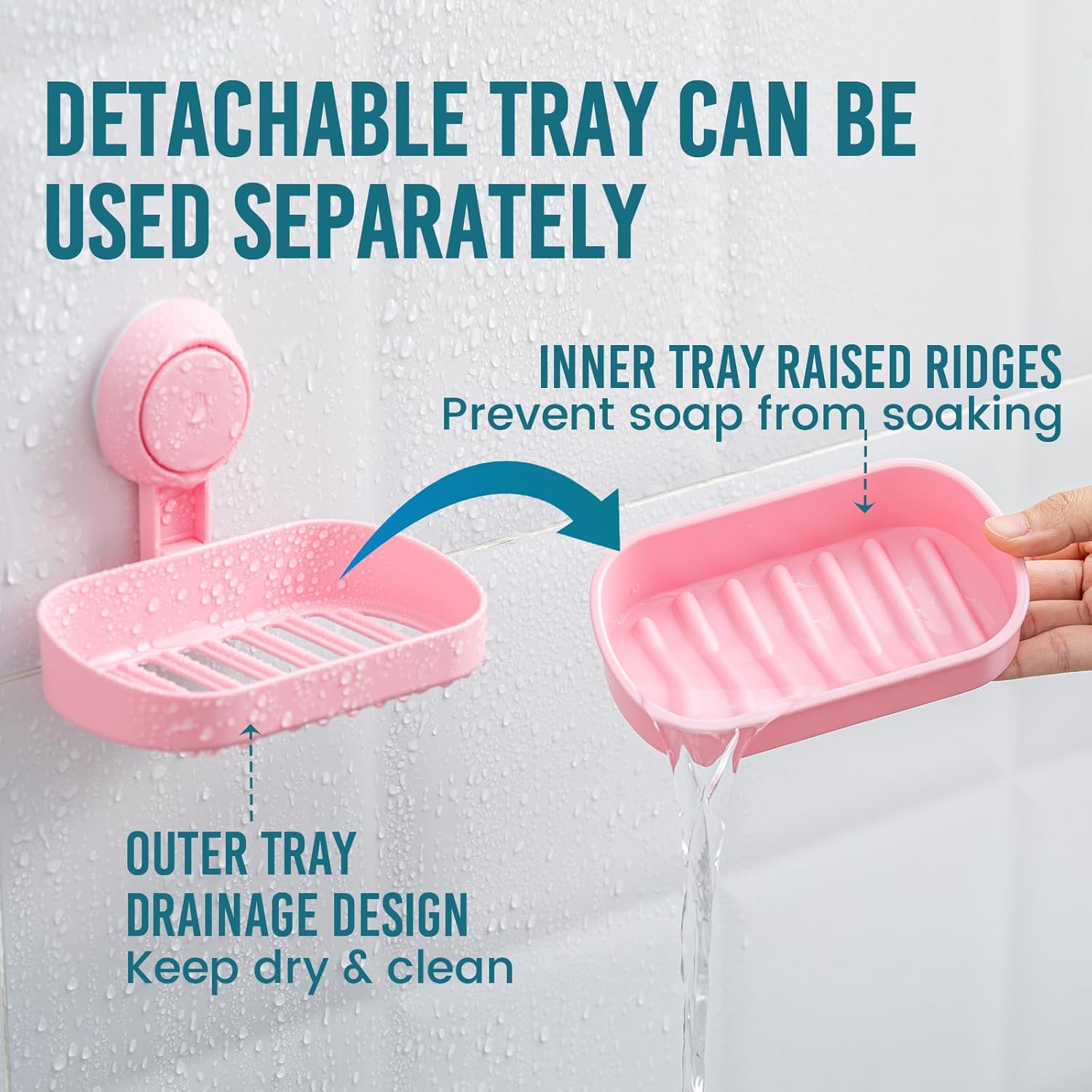 TAILI Suction Toothbrush Holder & Soap Holder Set, Shower Toothbrush Rack for Wall, Powerful Toothpaste Toothbrush Suction Cup, Self-draining Shower Razor self, 4 Pack, Pink