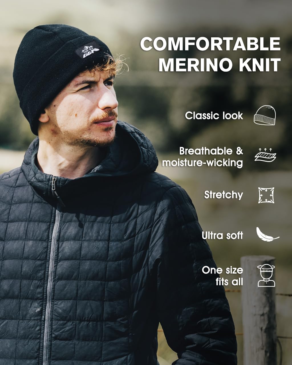 TOP-EX Bonnet 100 % laine mérinos pour homme et femme avec doublure en polaire thermique pour temps froid, ski, course à pied, chasse, marche