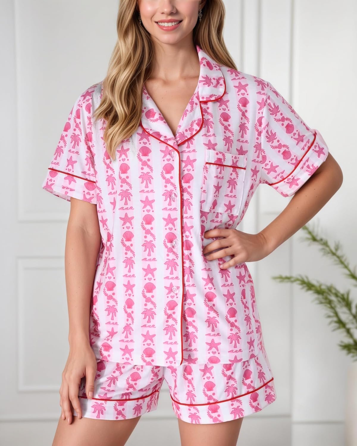 Pajamas for Womens Set Summer 2 Pece Pjs Matching Shorts Set Loungewear Palm Sleepwear for Beach Vacation, Holiday - Image 2