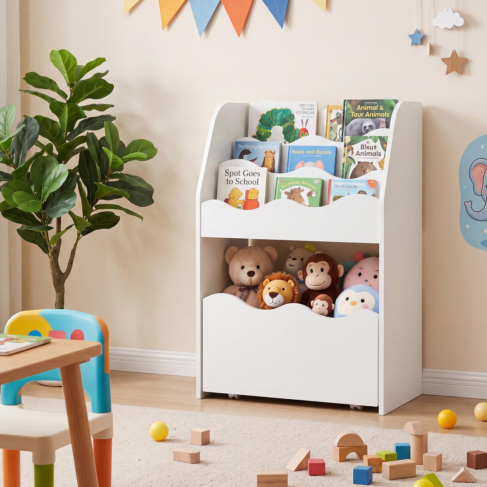 COSTWAY Kinder Bücherregal mit Schublade auf Rollen (Weiß)