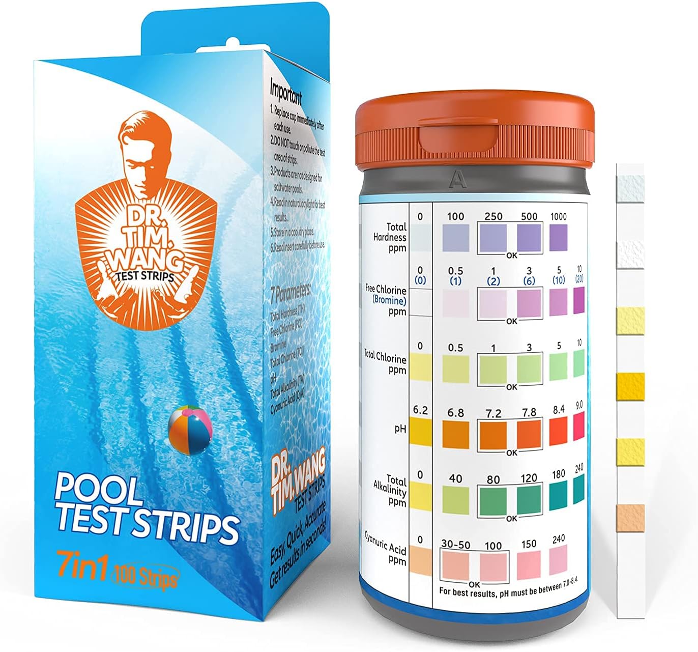 Pool and Hot Tub Test Strips - Medical-Grade Precision 7-1 Pool Test Kit - Testing pH, Free Chlorine(Bromine), Total Alkalinity & Cyanuric Acid & More - Pool Water Test Kit