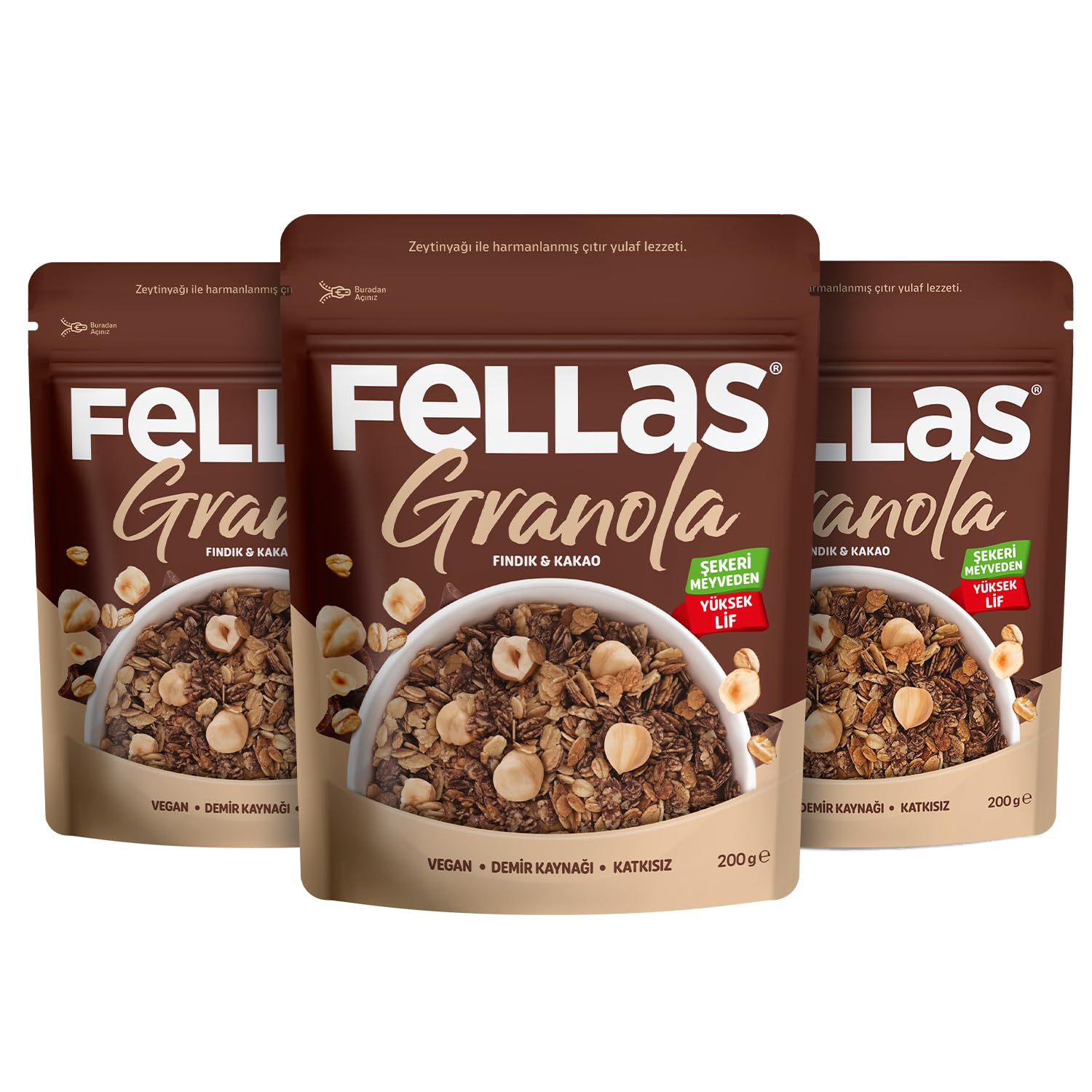 Fellas Granola Fındık ve Kakao 200 gr 3lü paket