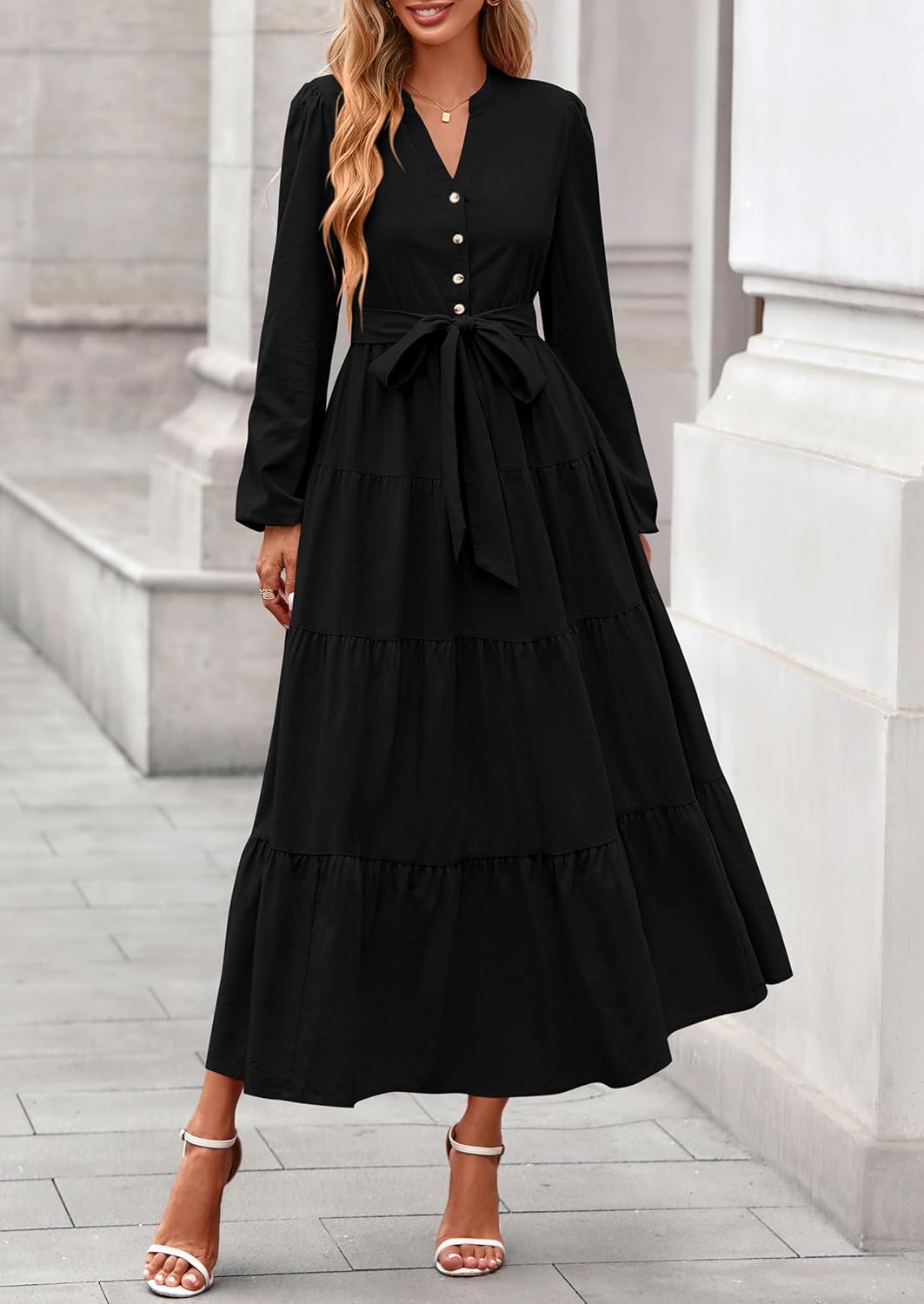 PRETTYGARDEN Maxi Dresses for Women Spring Long Sleeve V Neck Belted A Line Flowy Boho Wedding Guest Dress Pockets - Image 2