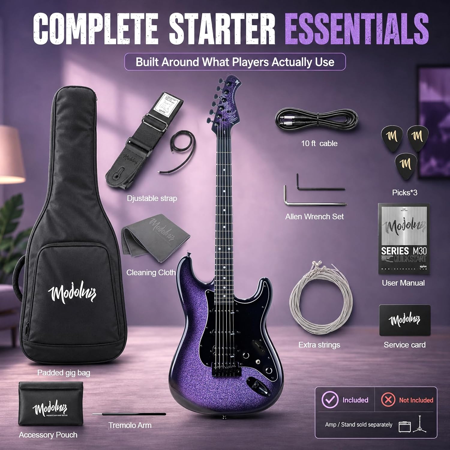 M30 Beginner Electric Guitar Kit, HSS Ceramic Pickups, 11 Tones, MojoTrick System, 2-Year Warranty, Premium Engineered Ebony Fretboard, Padded Gig Bag,Galaxy Purple Gradient thumbnail