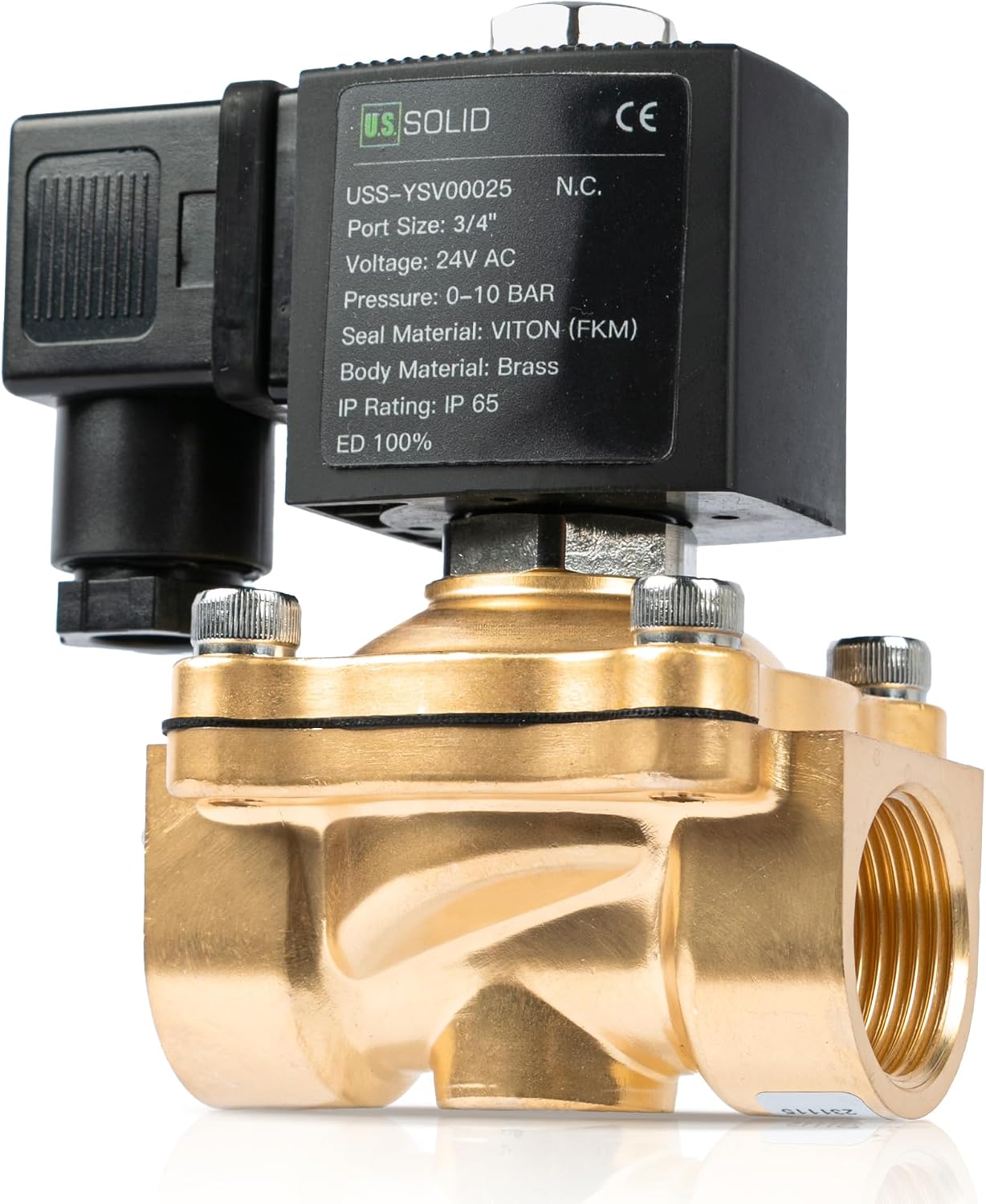 U.S. Solid 3/4" Brass Solenoid Valve - 24V AC, Normally Closed, 145 PSI Electric Valve for Water, Air, Diesel