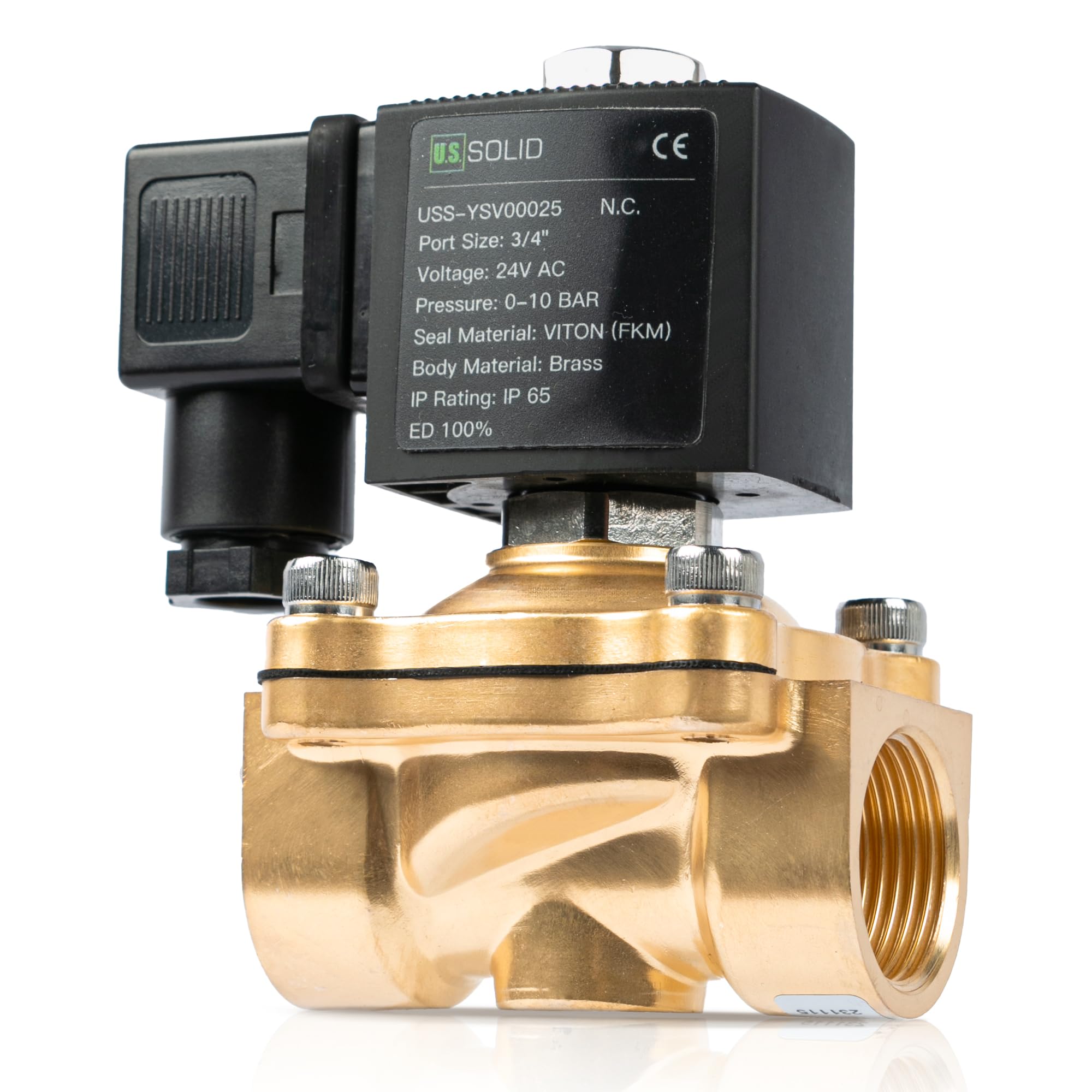 U.S. Solid Solenoid Valve Magnetventil 24V AC stromlos geschlossen 10 bar, elektrisches Wasserventil VITON (3/4", Messing)