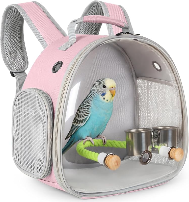 Mochila de Transporte para Aves Pequenas halinfer com Janela Transparente, Poleiro e Comedouros, Rosa